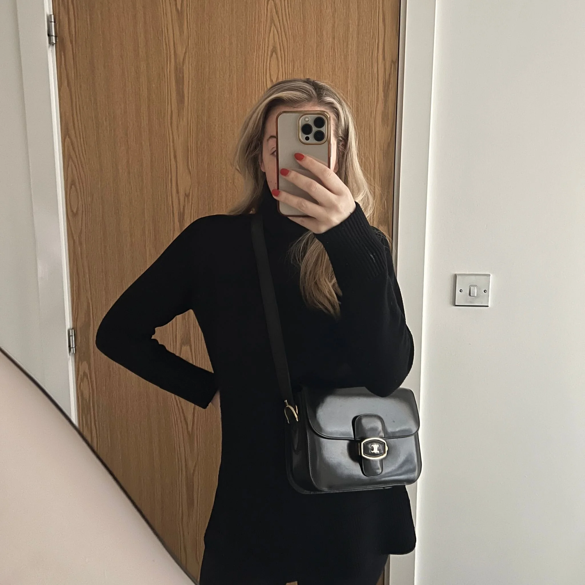 Celine Vintage Triomphe Box Satchel Bag Black Smooth Leather with Gold Hardware shown on model