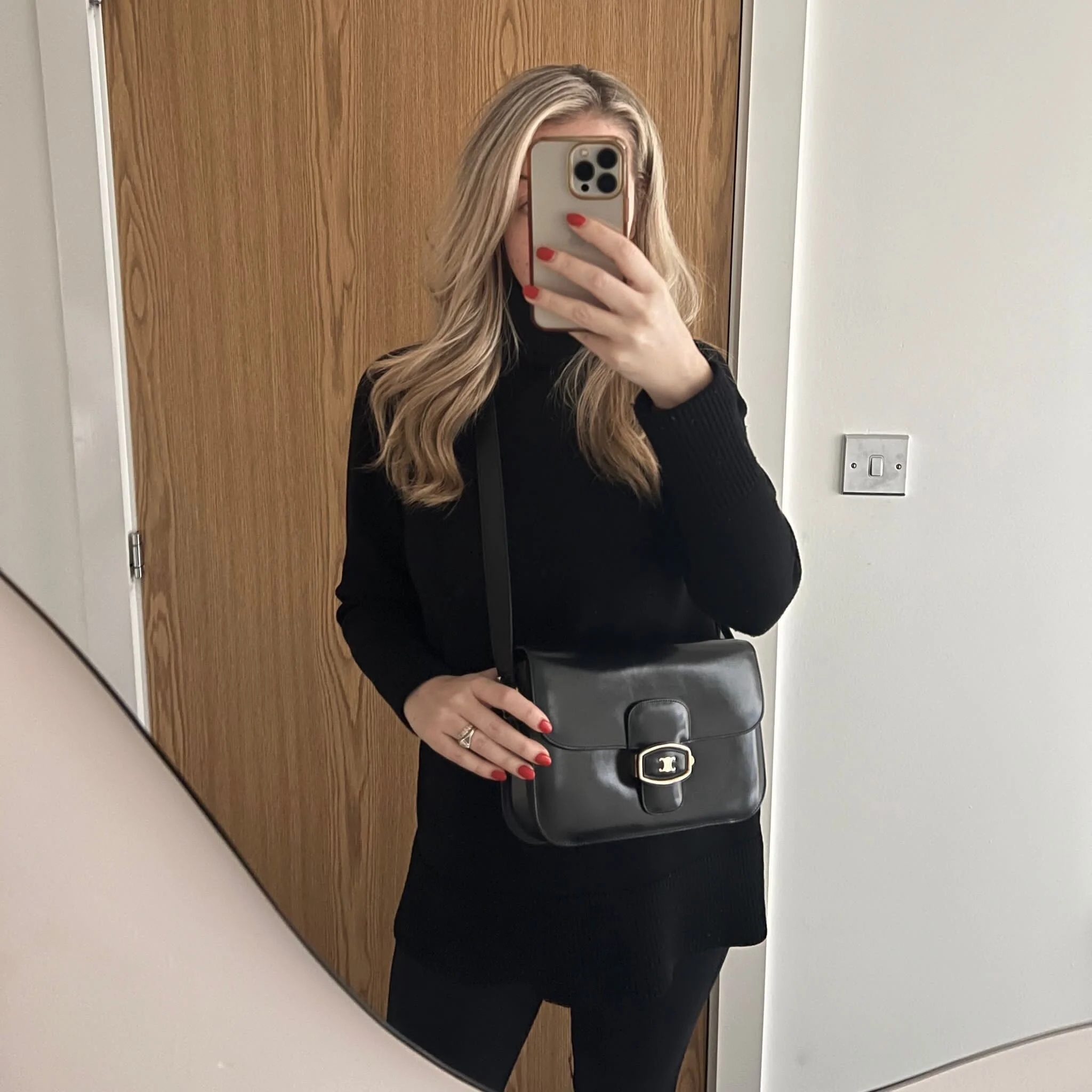 Celine Vintage Triomphe Box Satchel Bag Black Smooth Leather with Gold Hardware shown on model