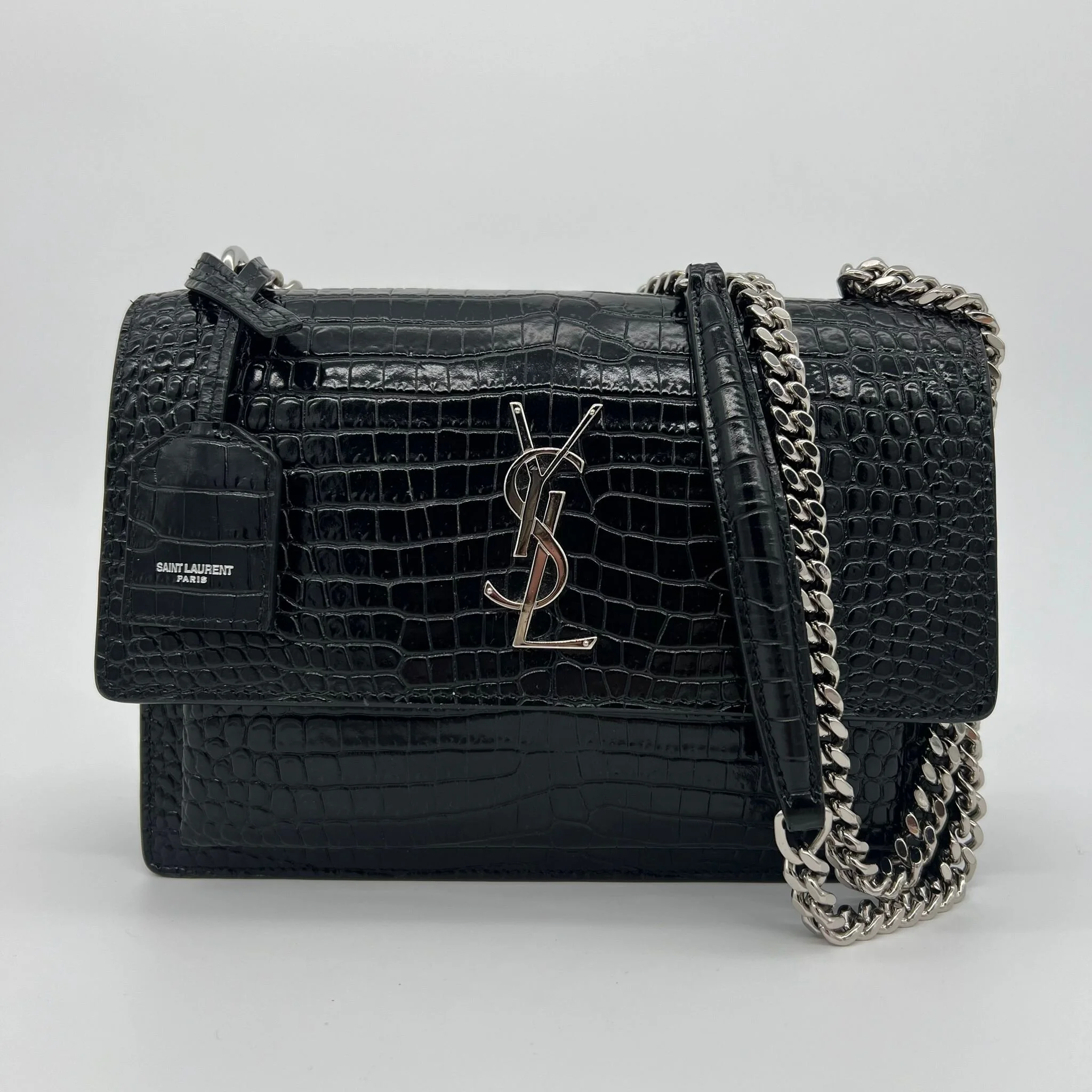 Saint Laurent YSL Medium Sunset Bag in Black Croc Embossed Silver Hardware front
