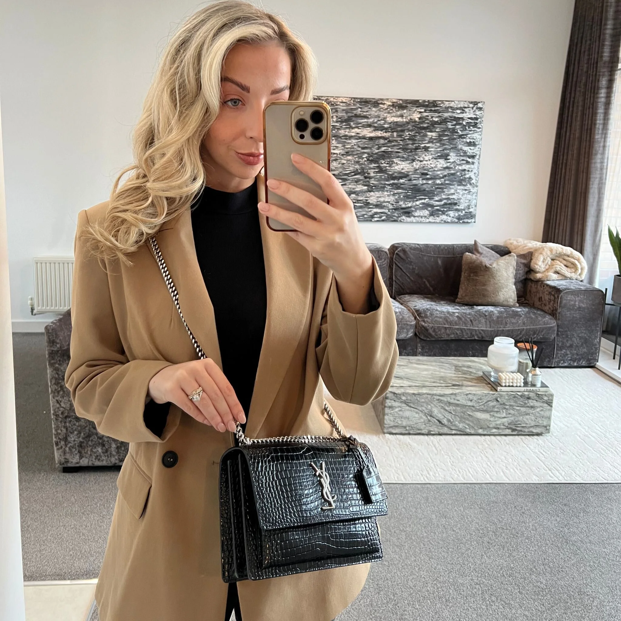 Saint Laurent YSL Medium Sunset Bag in Black Croc Embossed Silver Hardware shown on model