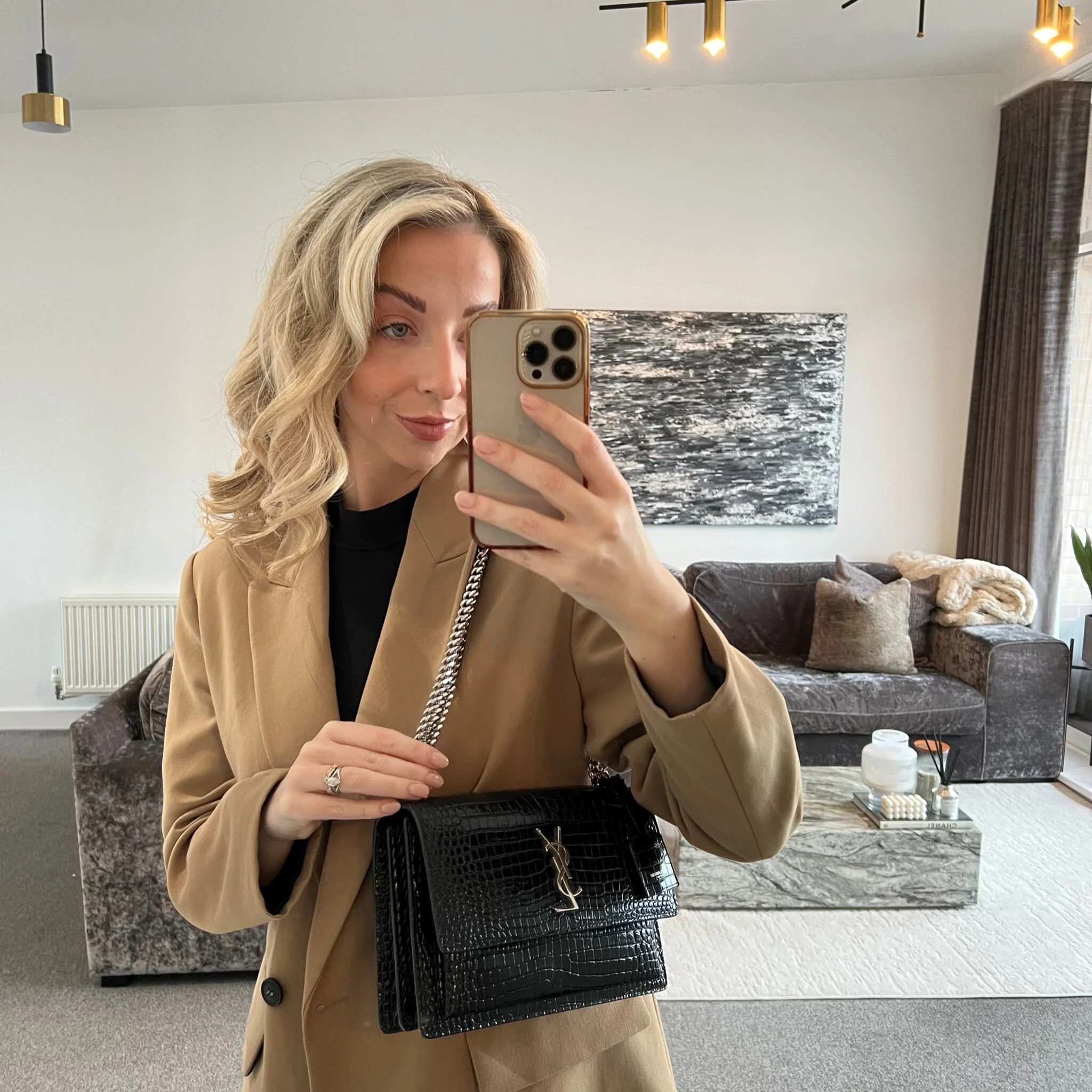 Saint Laurent YSL Medium Sunset Bag in Black Croc Embossed Silver Hardware shown on model