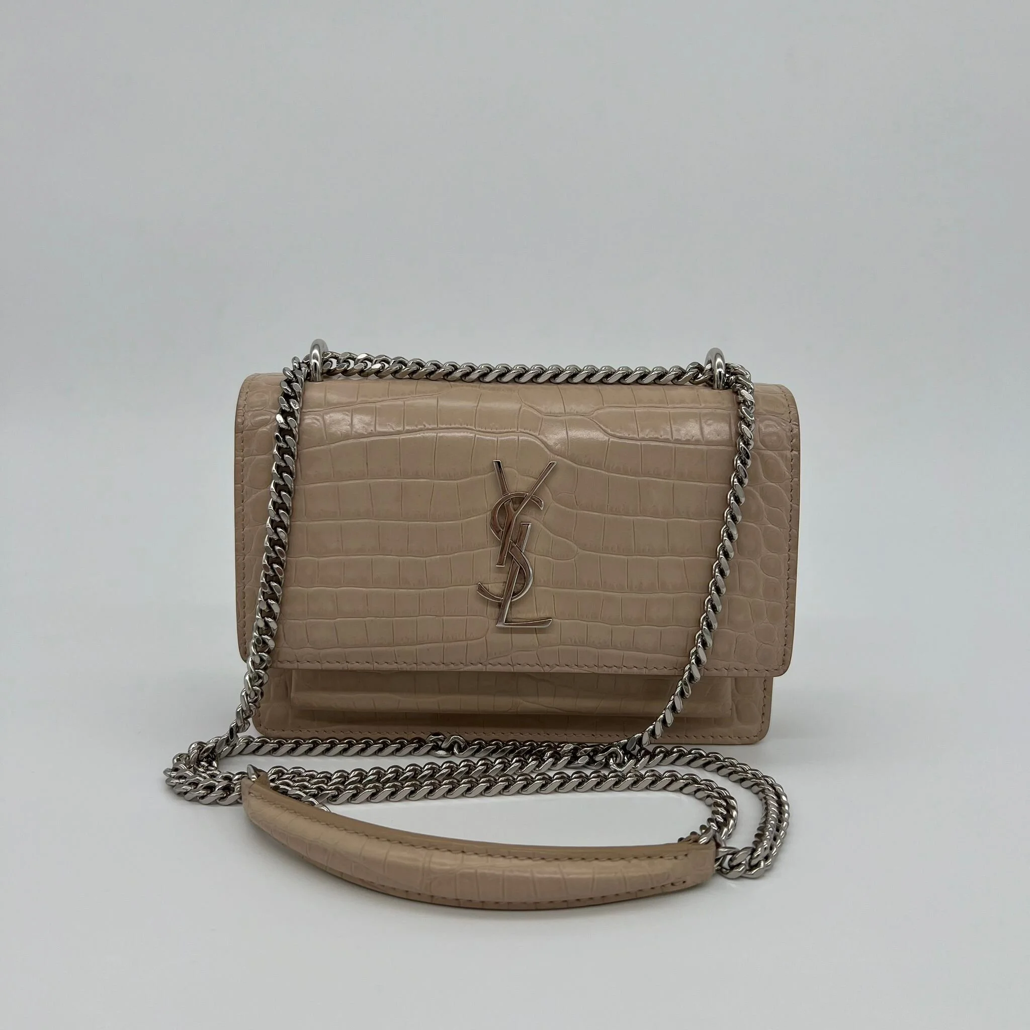 Saint Laurent YSL Sunset Chain Wallet Bag in Dark Beige Croc Embossed Leather front