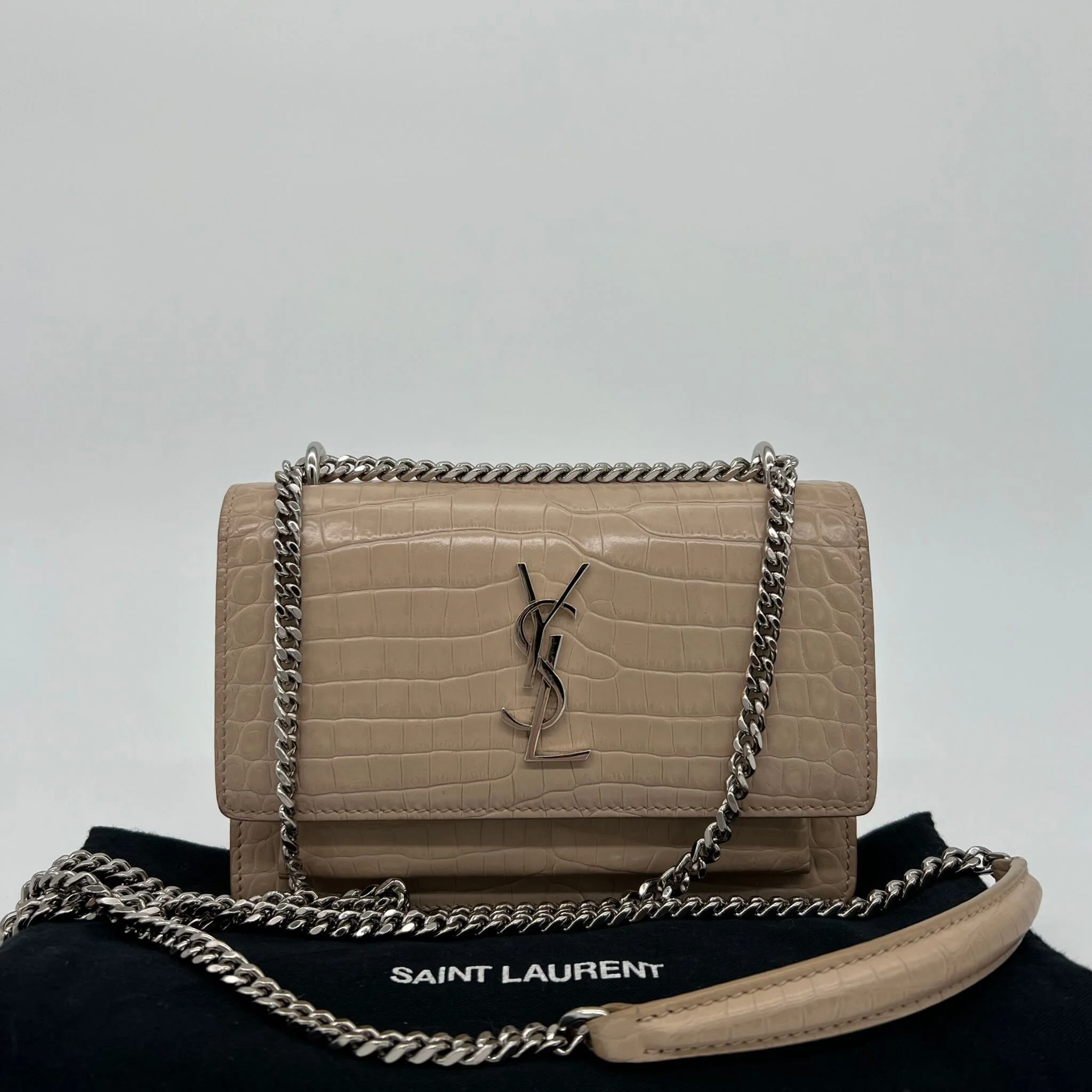 Saint Laurent YSL Sunset Chain Wallet Bag in Dark Beige Croc Embossed Leather front