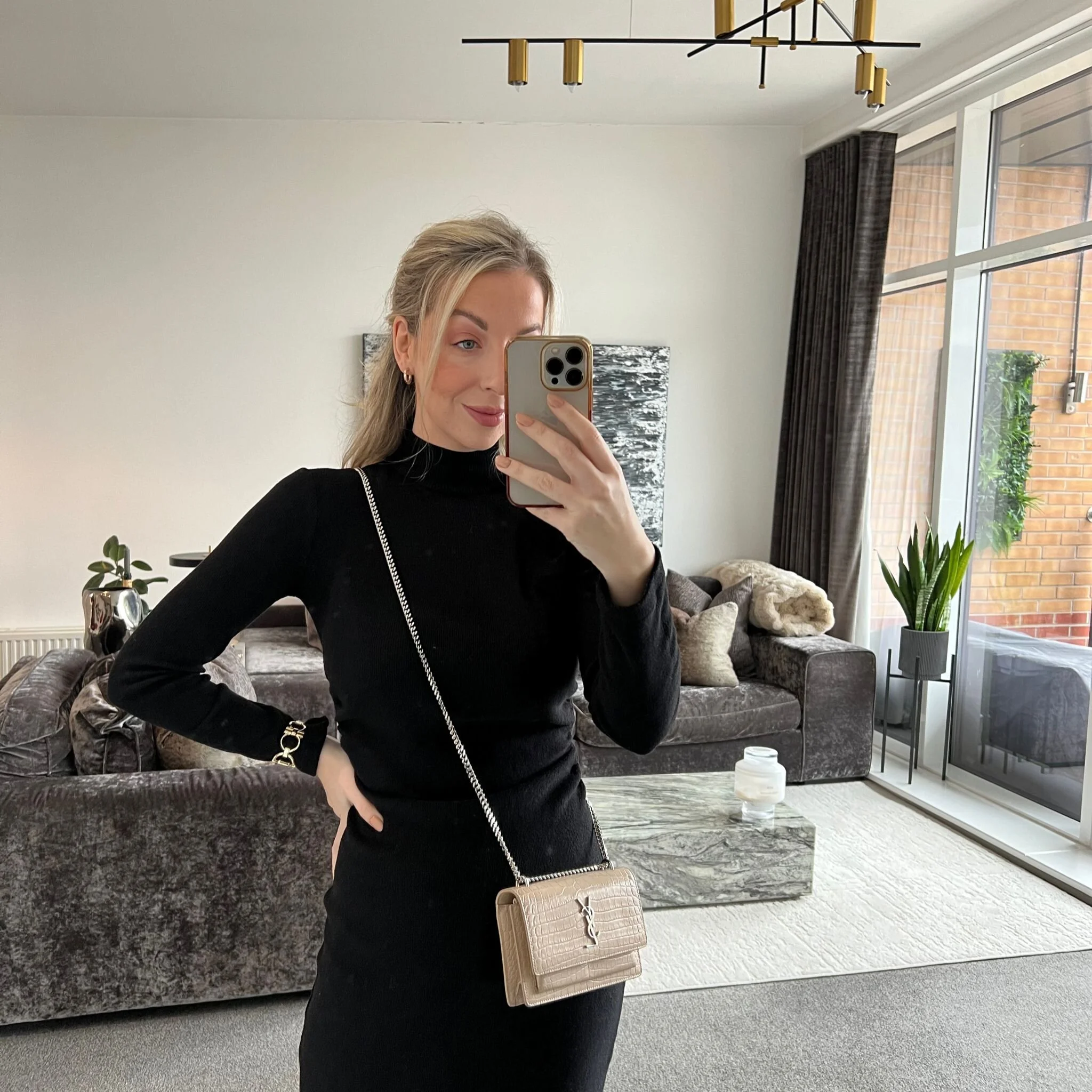 Saint Laurent YSL Sunset Chain Wallet Bag in Dark Beige Croc Embossed Leather shown on model