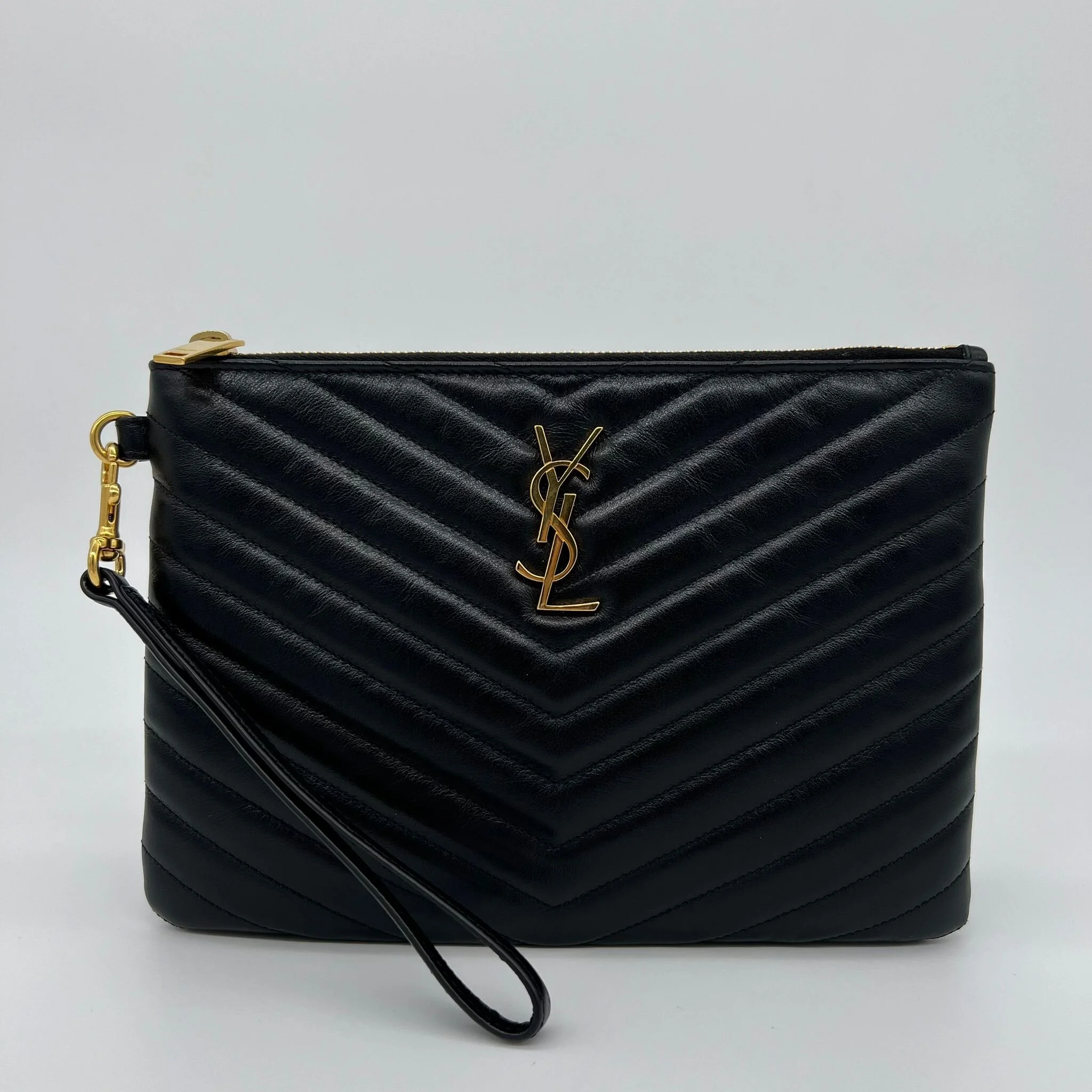 Saint Laurent YSL Quilted Monogram Pouch Clutch Bag in Black with Gold Hardware front