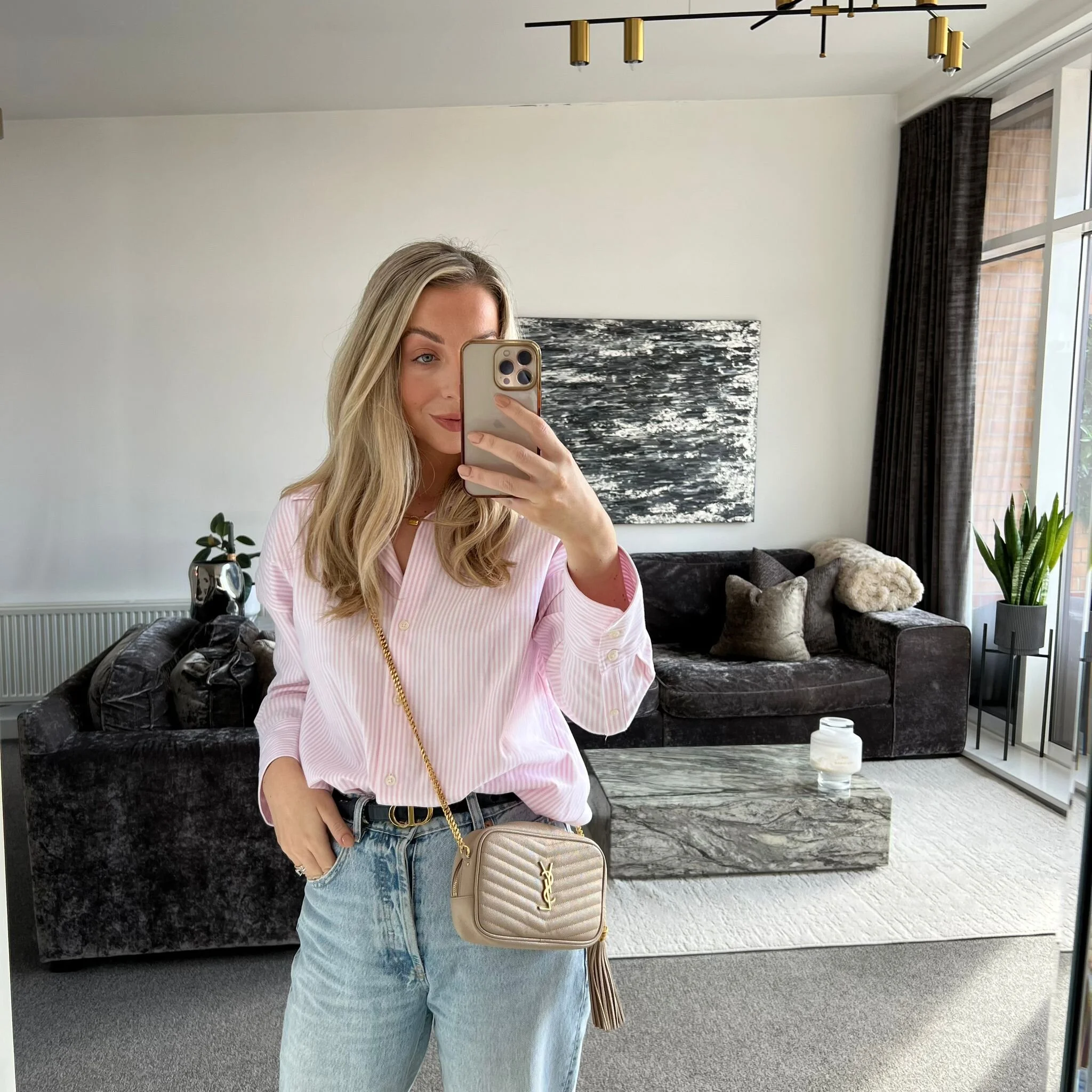 Saint Laurent YSL Mini Lou Bag in Beige with Gold Hardware shown on model