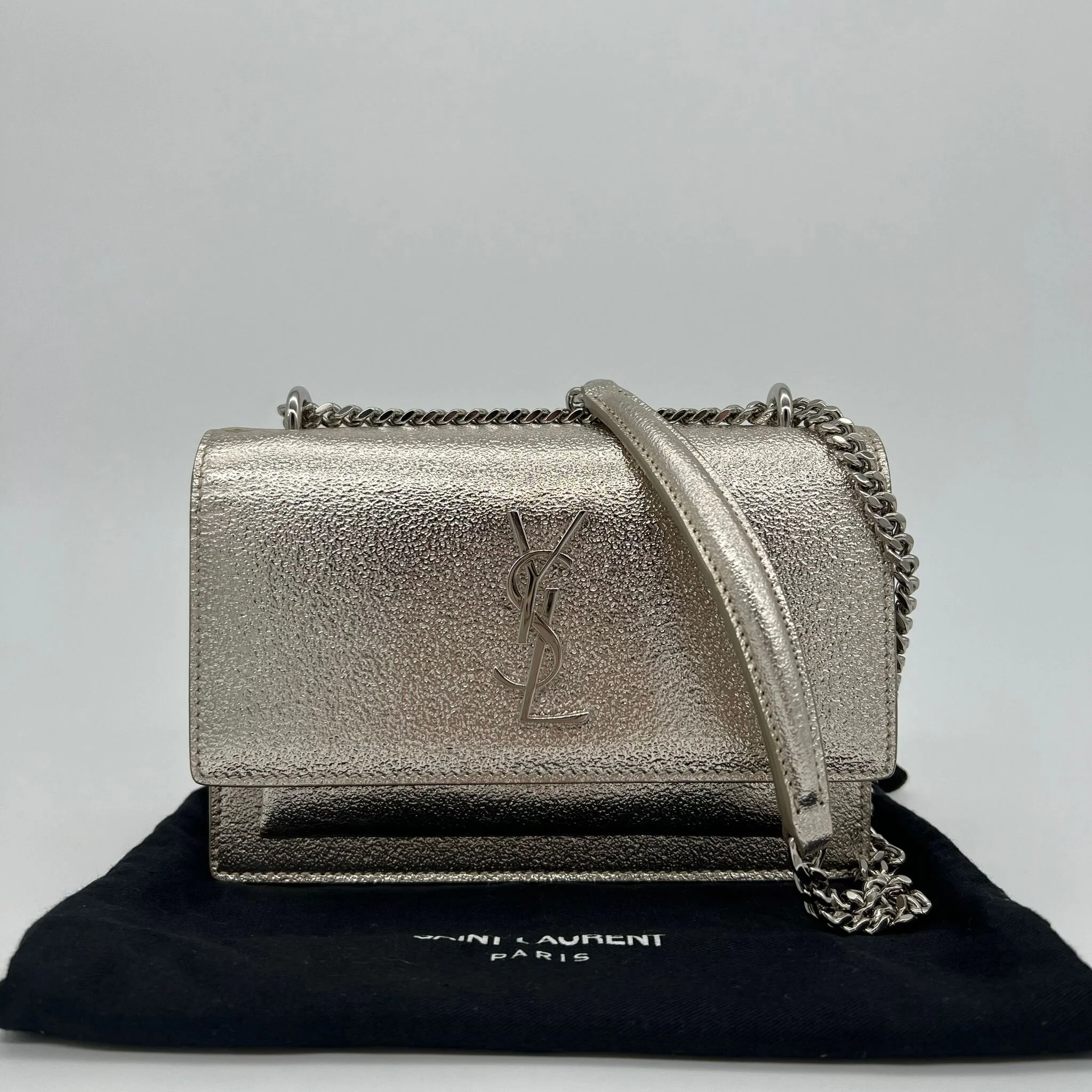 Saint Laurent YSL Sunset Wallet on Chain Bag in Silver Metallic with packaging