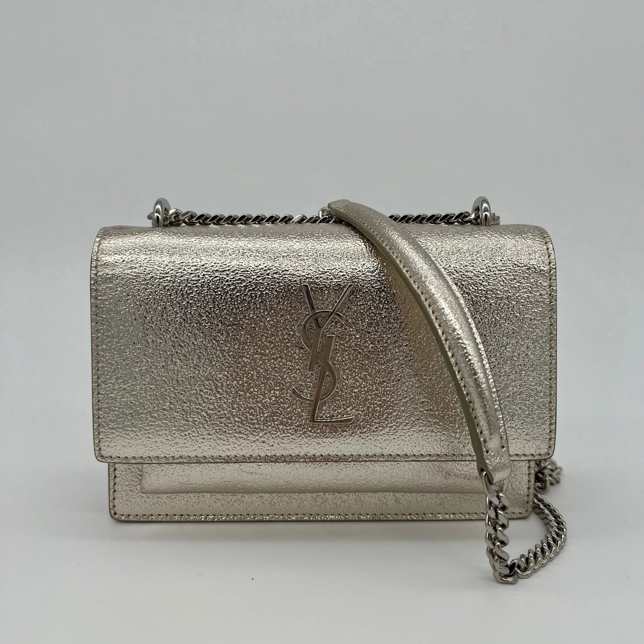 Saint Laurent YSL Sunset Wallet on Chain Bag in Silver Metallic front