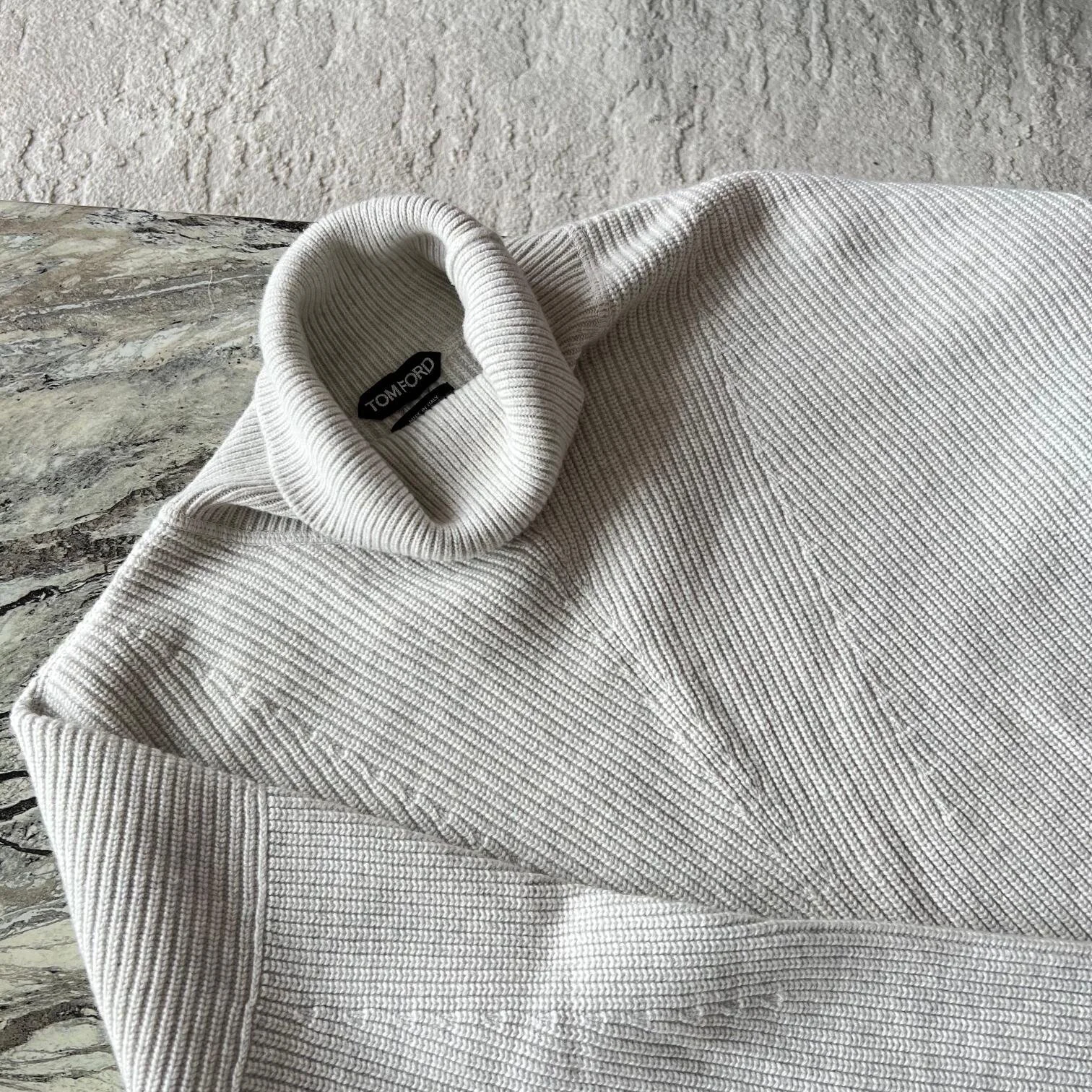 Tom Ford Mens Roll Neck Thick Knit Pullover Light Grey Size Medium front