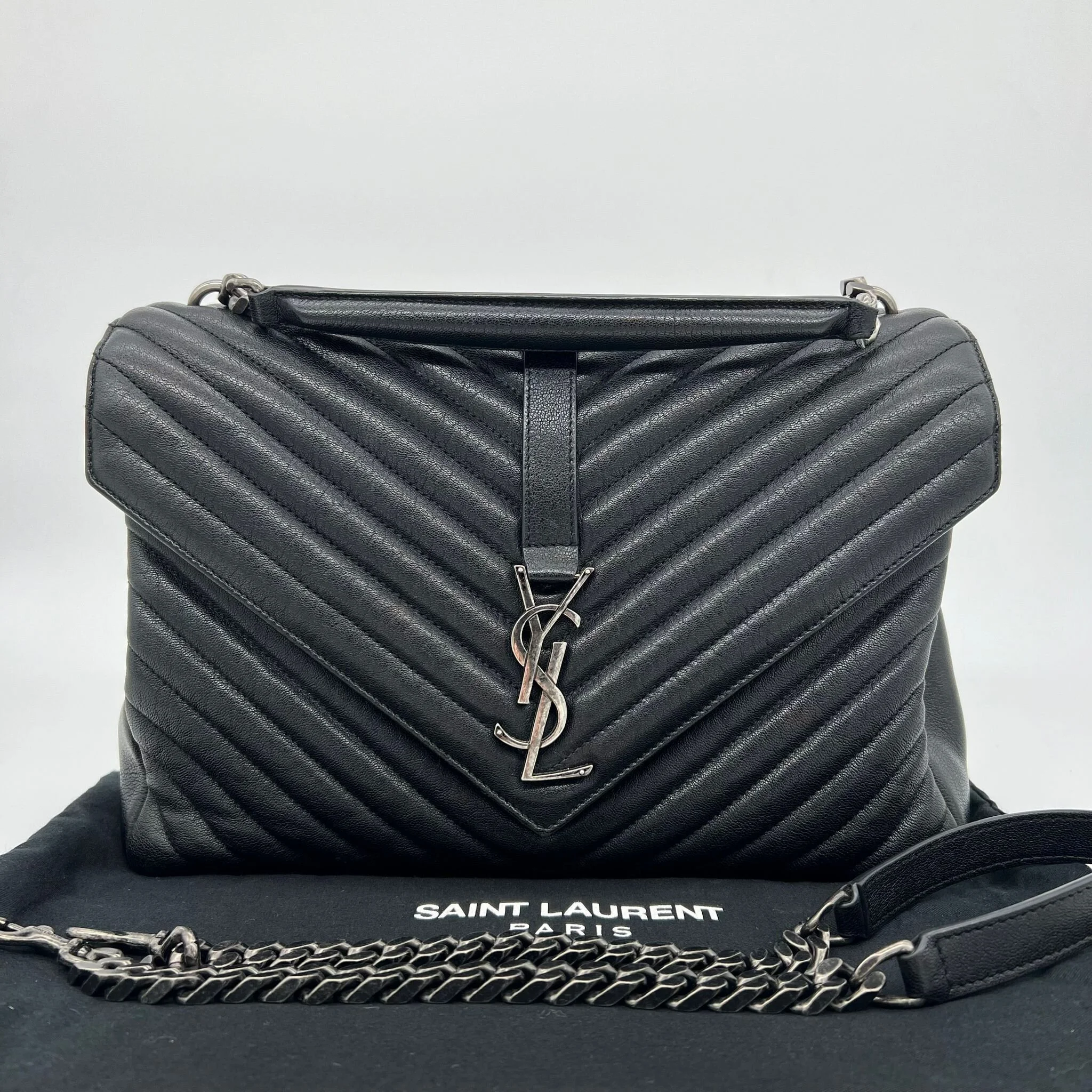 Saint Laurent YSL Large College bag in Black Quilted Leather and Silver Hardware front