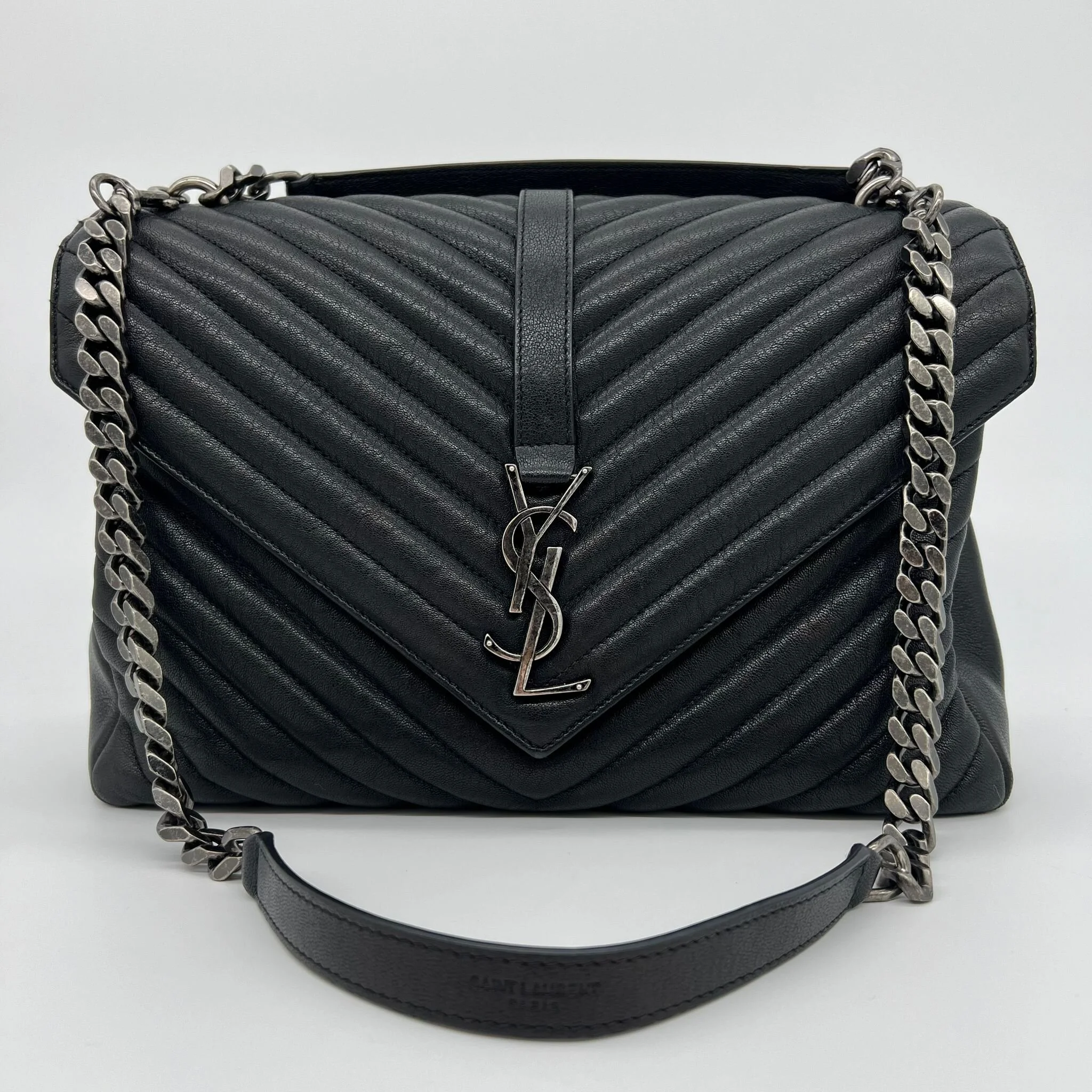 Saint Laurent YSL Large College bag in Black Quilted Leather and Silver Hardware front