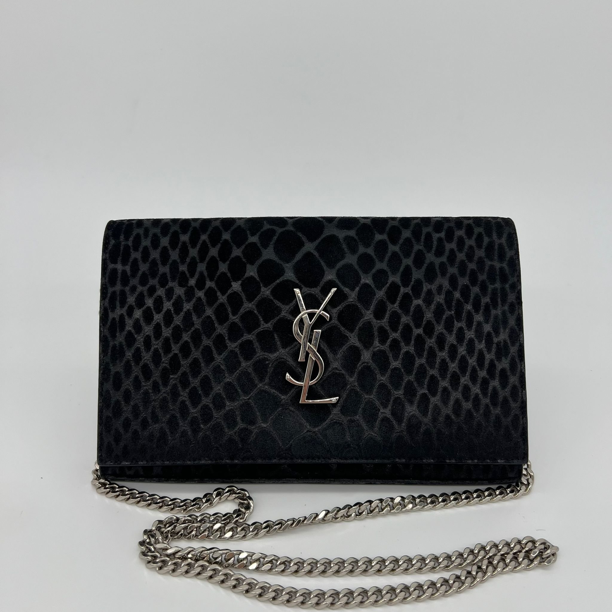 Saint Laurent YSL Kate Envelope Wallet on Chain Black Suede Python Embossed front