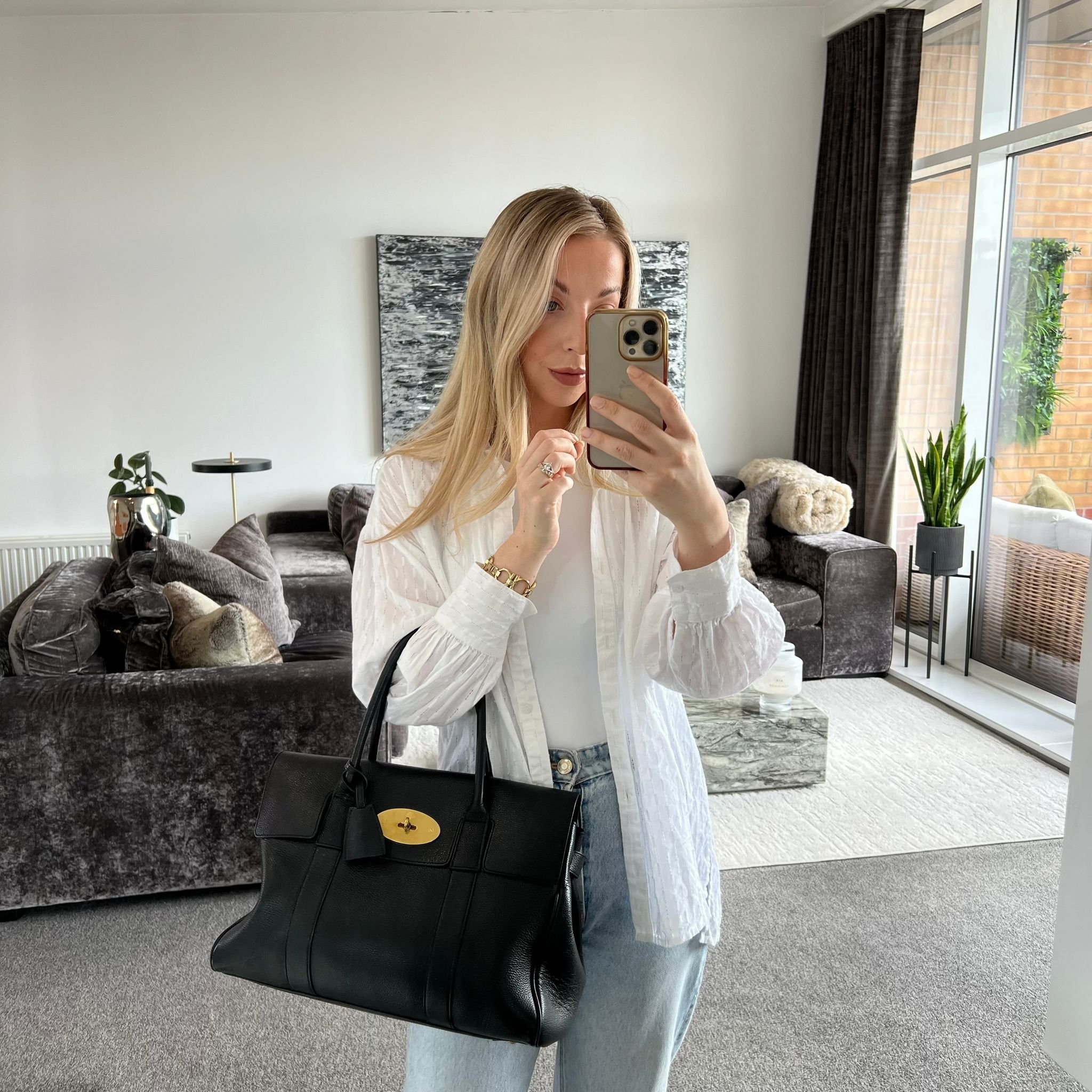 Mulberry Bayswater Black Grained Leather and Gold Brass Hardware shown on model