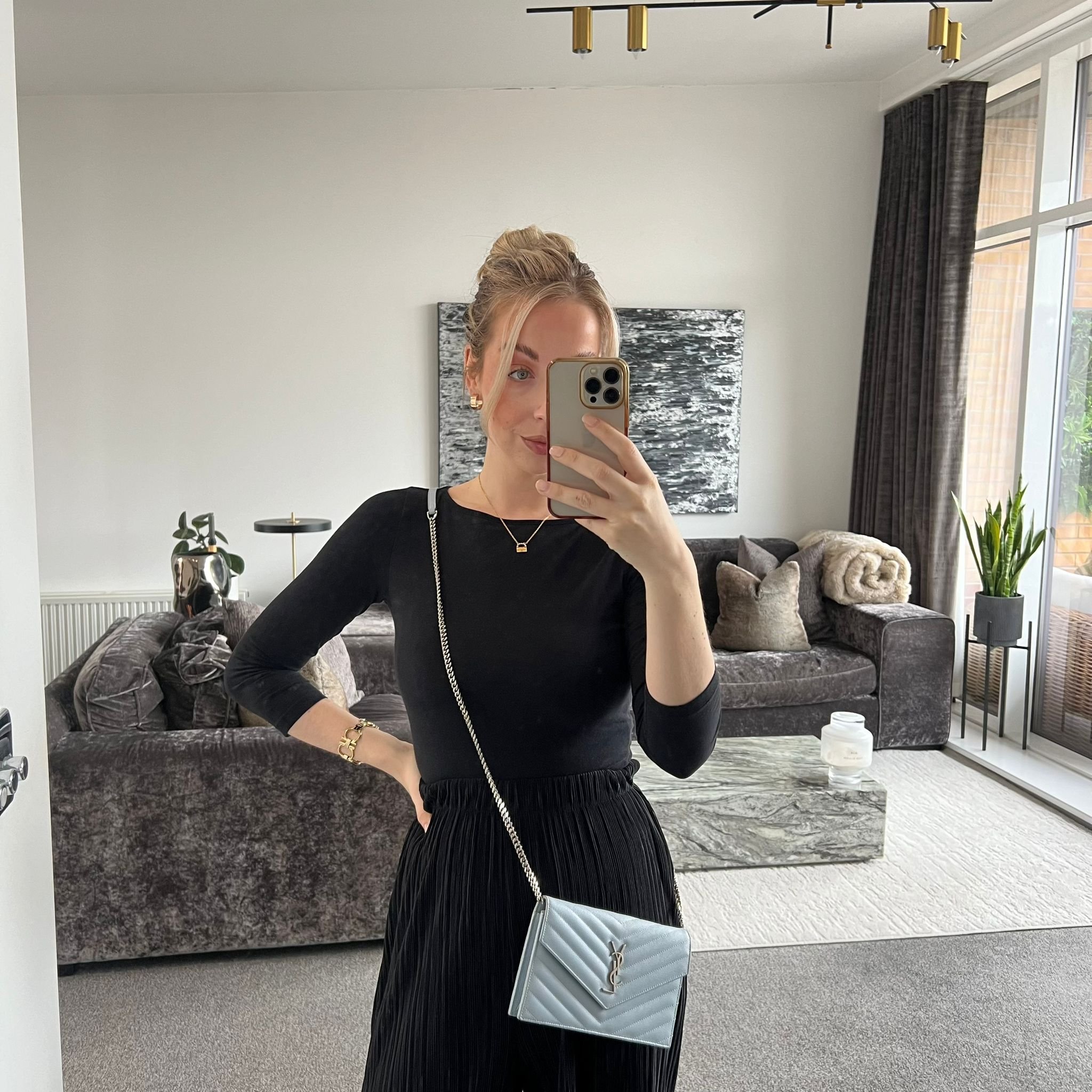 Saint Laurent YSL Monogram Envelope Small Wallet on Chain Light Blue shown on model