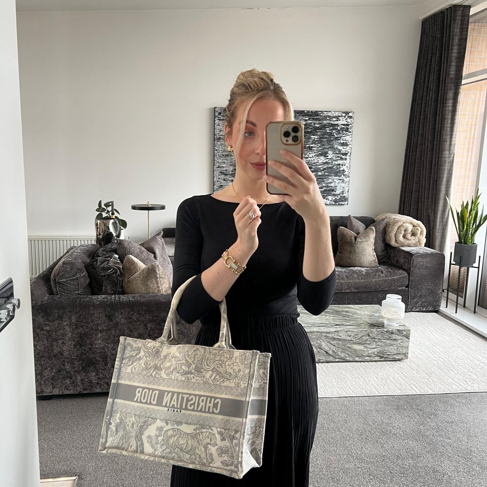 Dior Medium Book Tote Toile De Jouy Embroidery in Grey shown on model