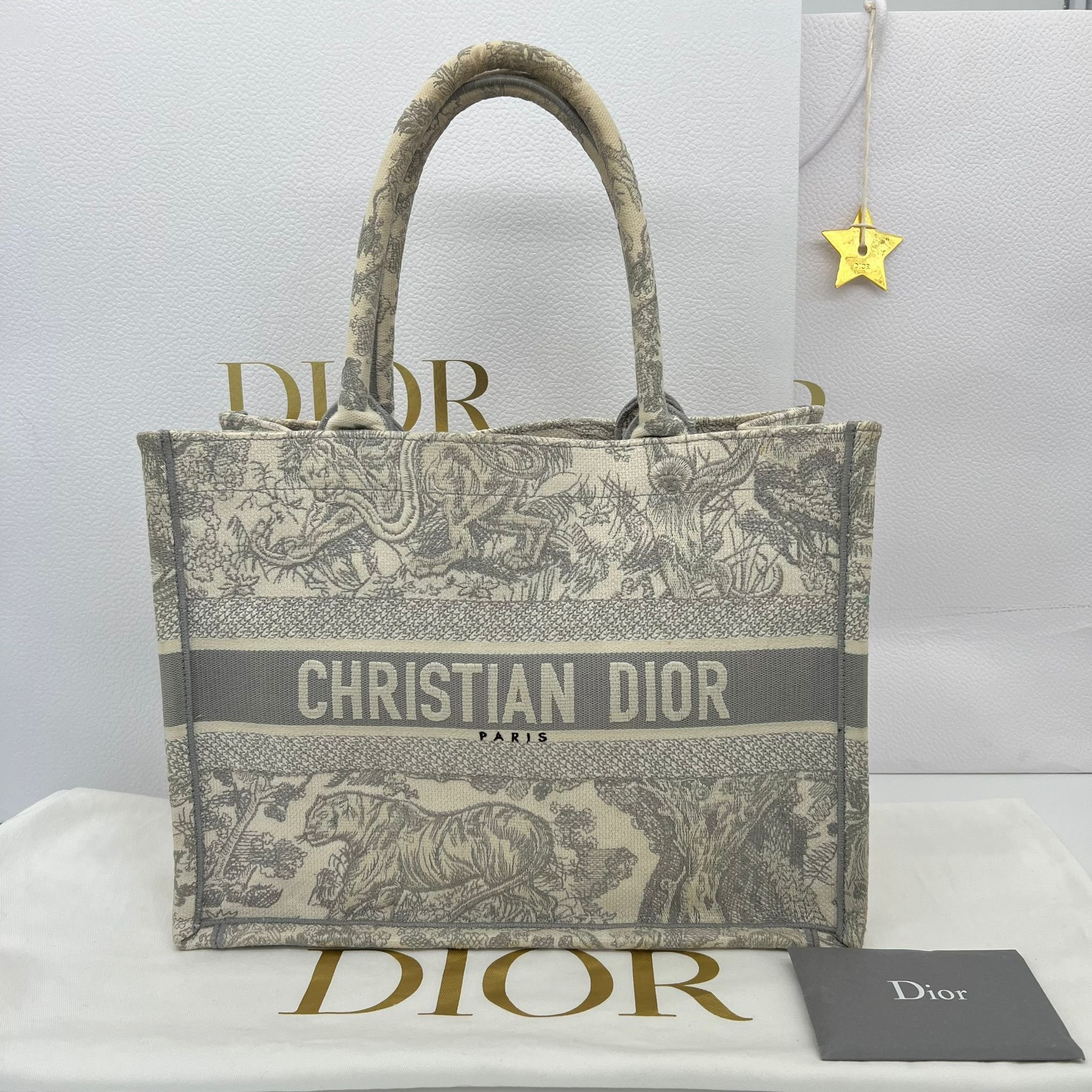 Dior Medium Book Tote Toile De Jouy Embroidery in Grey with packaging