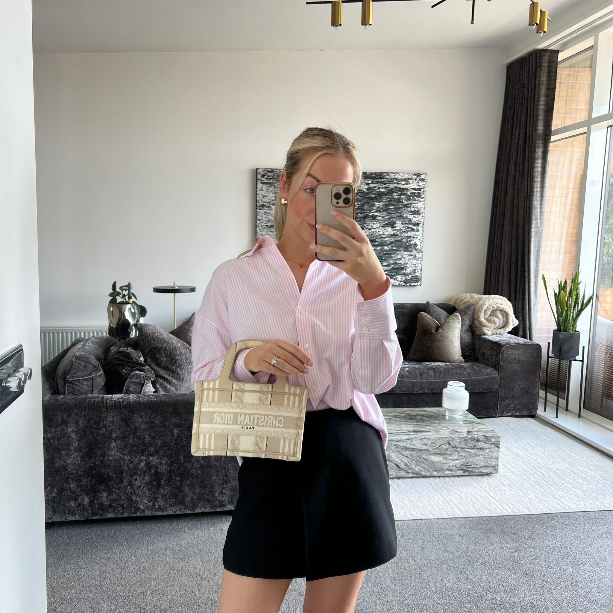Dior Mini Book Tote Bag in Beige Striped Embroidery shown on model