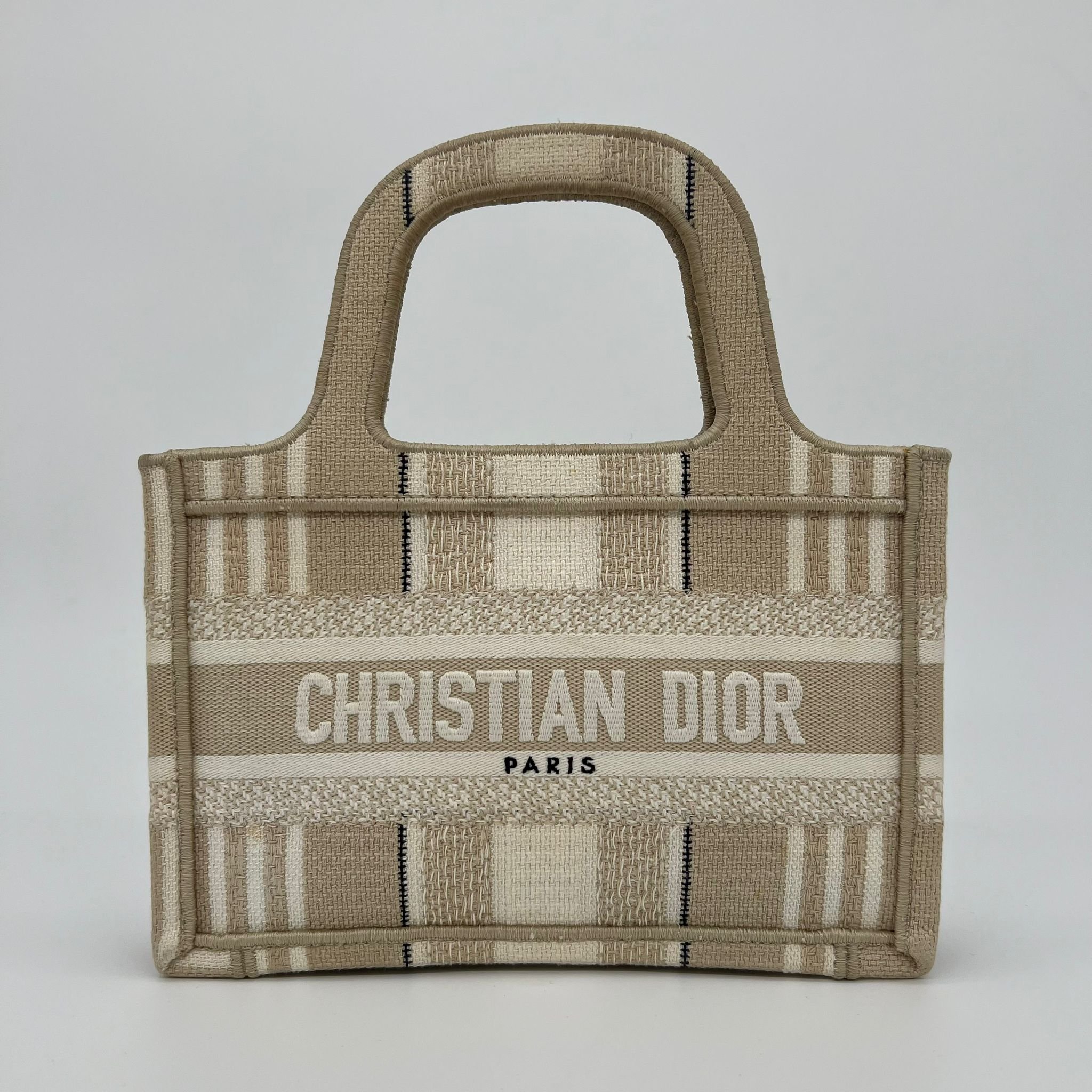Dior Mini Book Tote Bag in Beige Striped Embroidery front