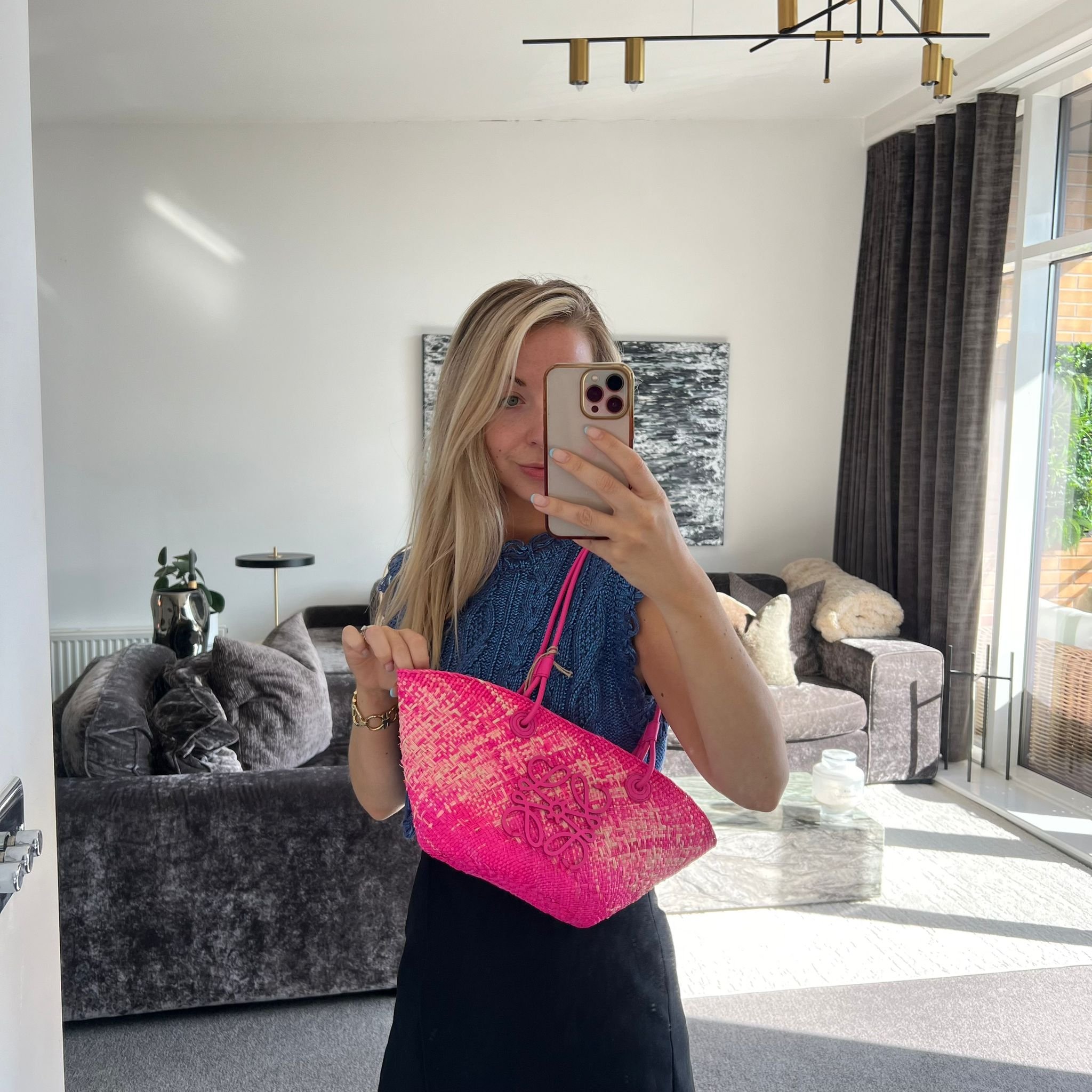 Loewe Pink x Paula's Ibiza Small Anagram Basket Tote Bag Fuchsia shown on model