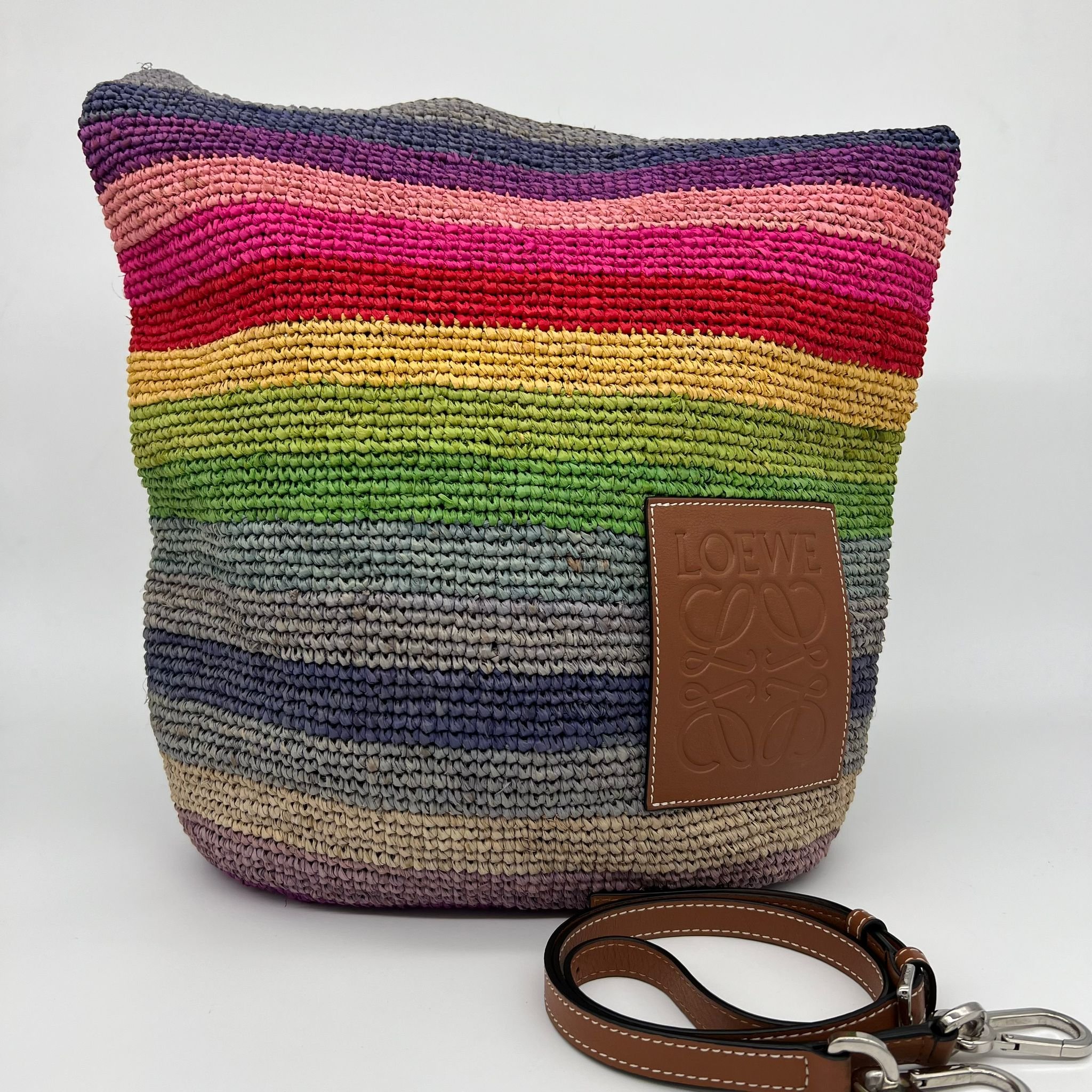 Loewe x Paula's Ibiza Slit Large Bucket Bag in Rainbow Raffia with packaging
