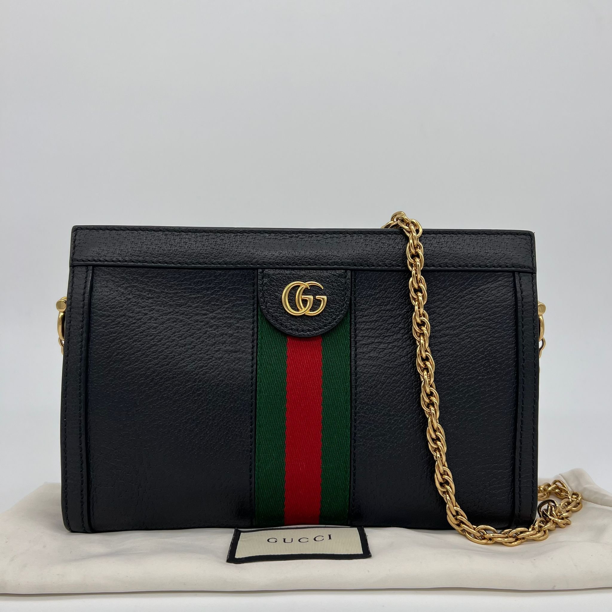Gucci Small Ophidia Chain Handbag in Black Leather and Gold Hardware with packaging