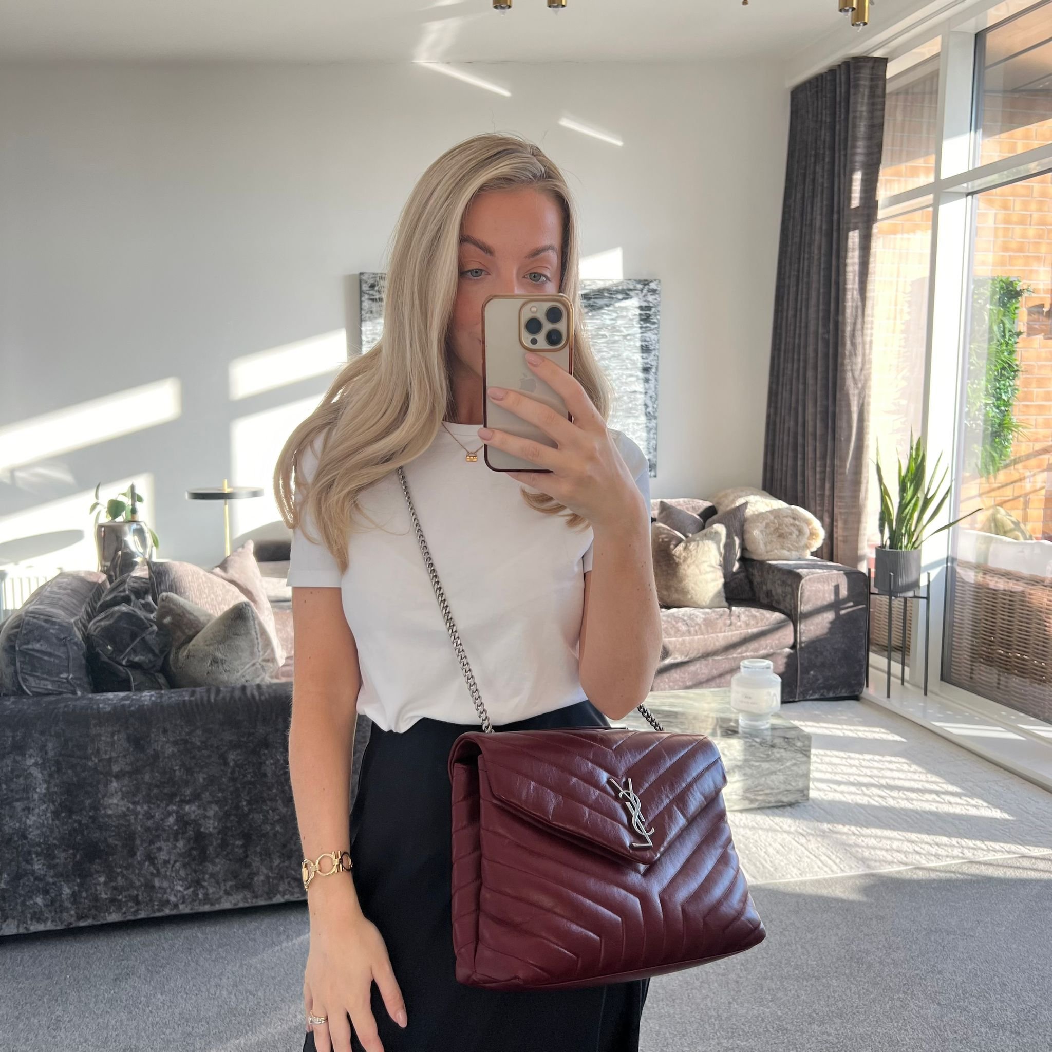 Saint Laurent YSL Medium Loulou Bag in Red Burgundy Leather and Silver Hardware shown on model