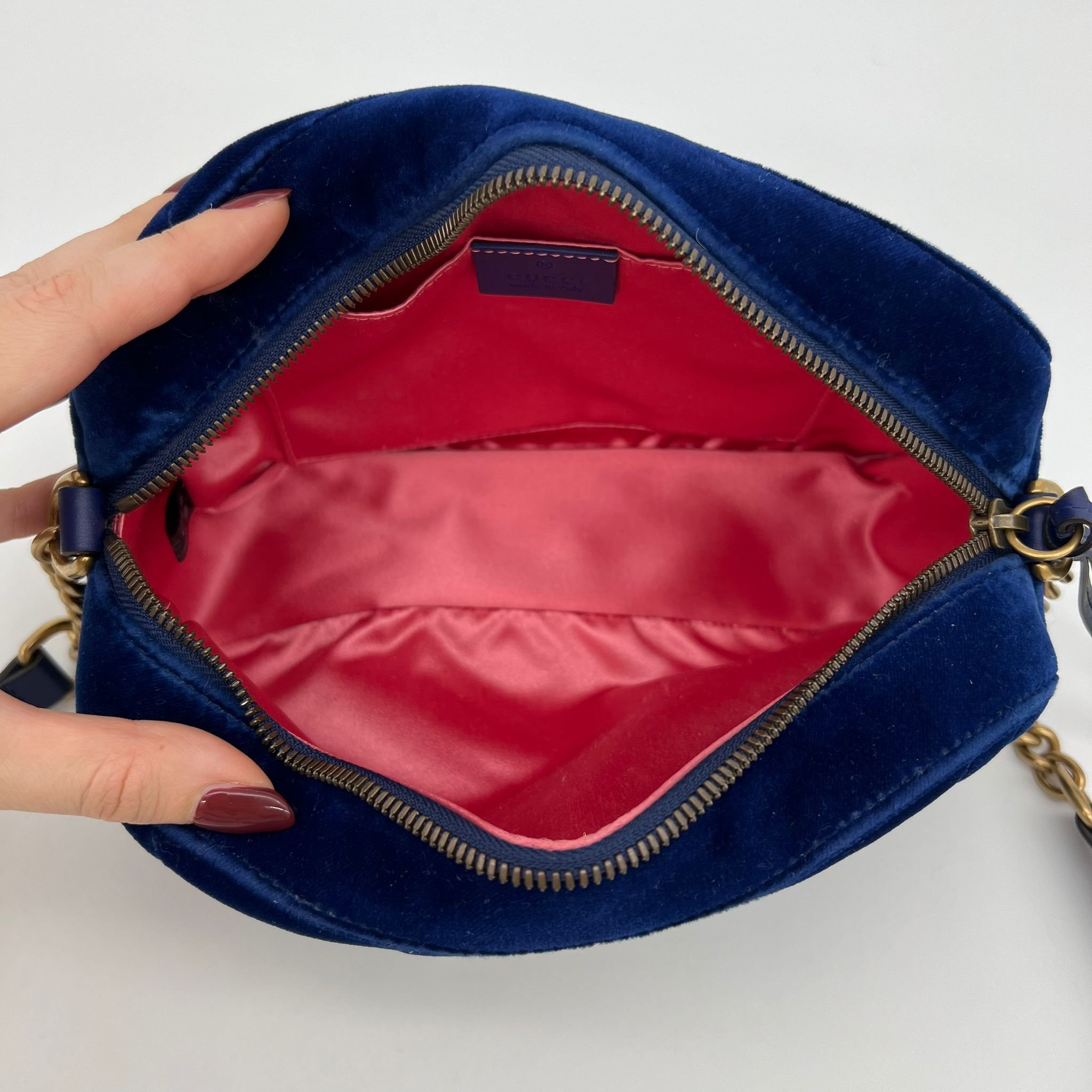Gucci Small Marmont GG Camera Bag in Royal Blue Navy Velvet and Gold Hardware inside