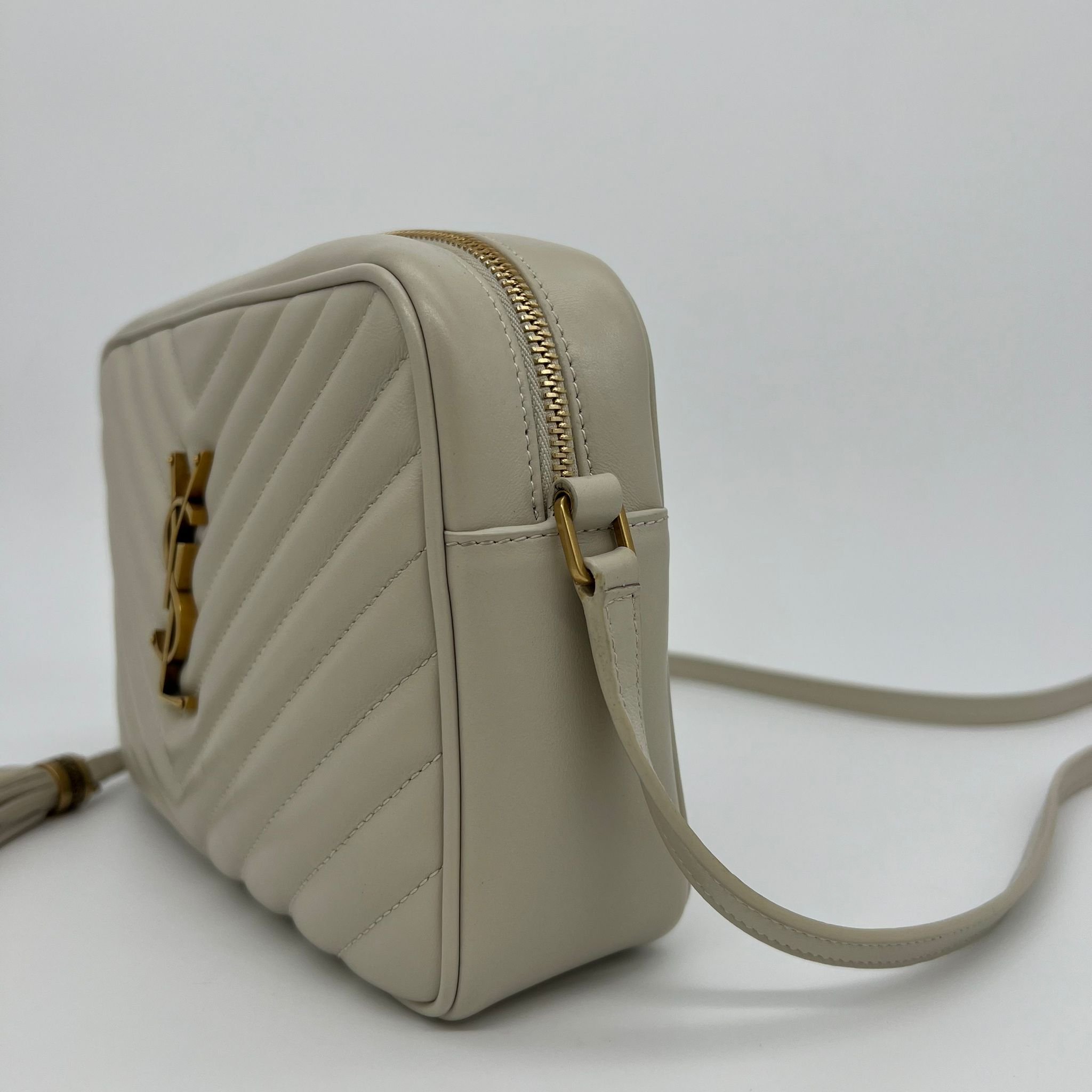Saint Laurent YSL Camera Lou Bag in Quilted Cream Blanc Vintage left side