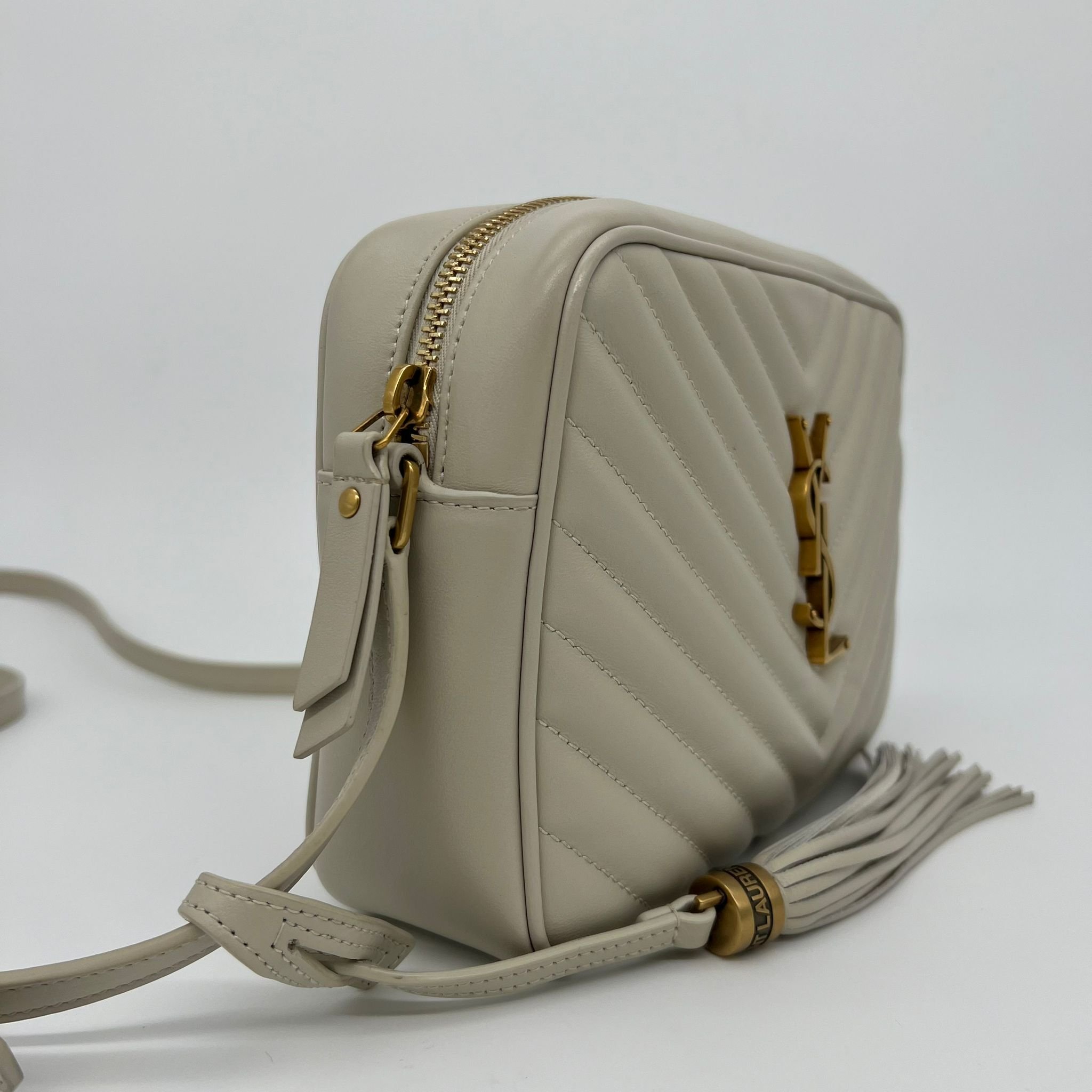 Saint Laurent YSL Camera Lou Bag in Quilted Cream Blanc Vintage right side