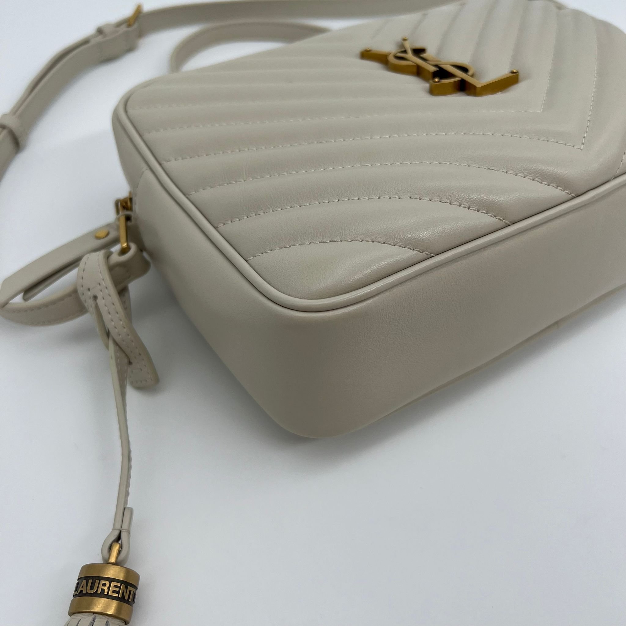 Saint Laurent YSL Camera Lou Bag in Quilted Cream Blanc Vintage left corner