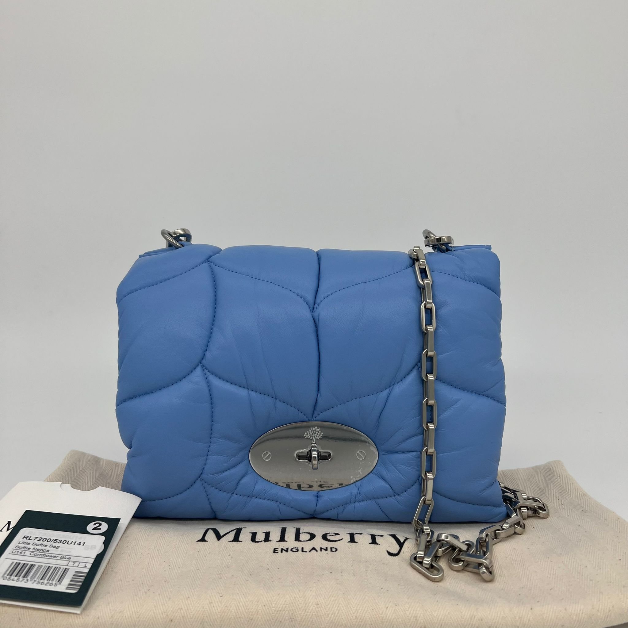 Mulberry Little Softie Bag in Cornflower Blue and Silver Hardware with packaging
