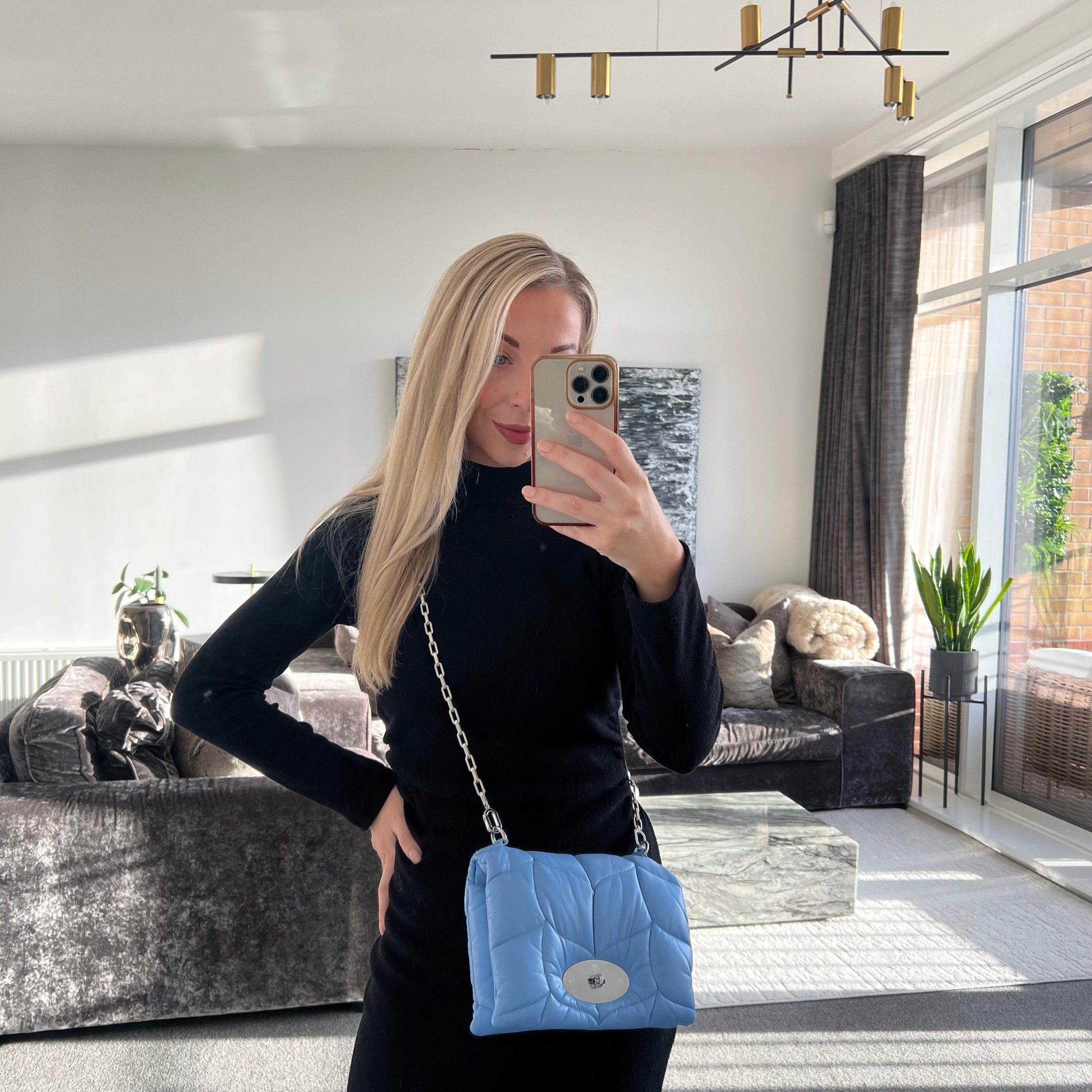 Mulberry Little Softie Bag in Cornflower Blue and Silver Hardware shown on model