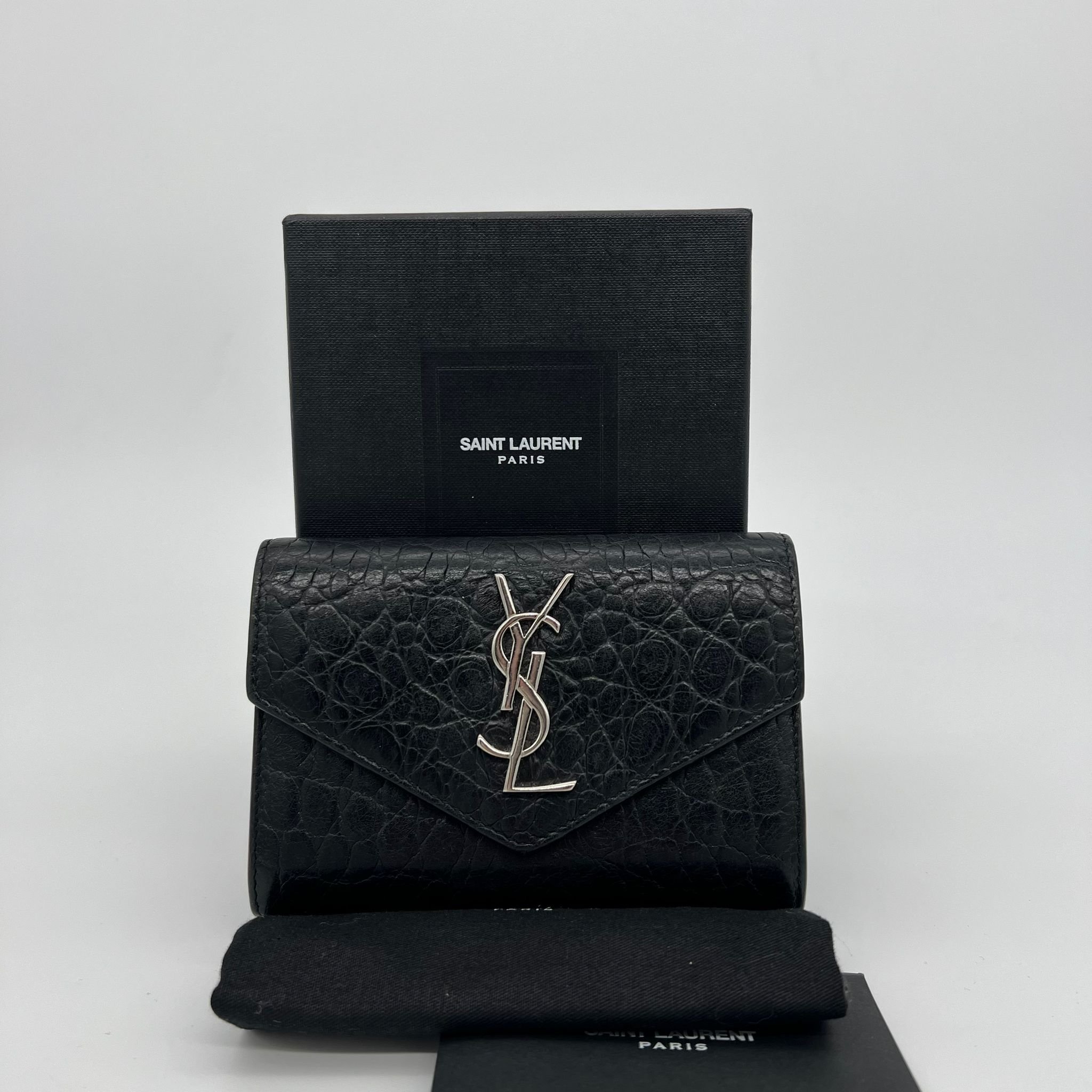 Saint Laurent YSL Cassandre Small Envelope Wallet in Black Croc Embossed Leather with packaging