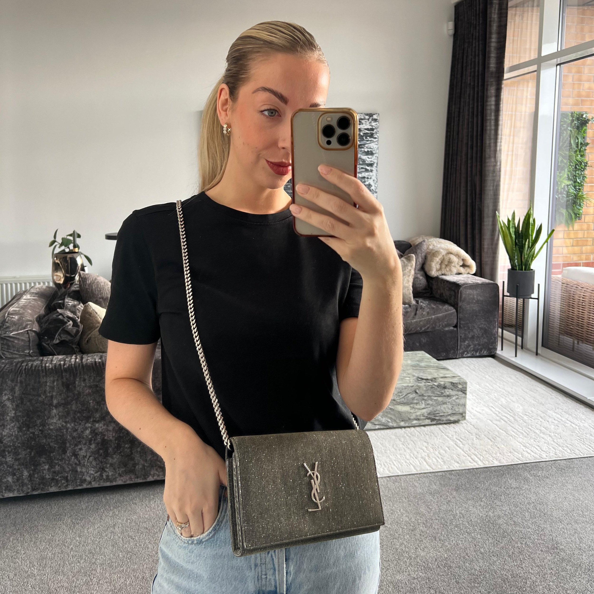 Saint Laurent YSL Kate Glitter Wallet on Chain Bag shown on model