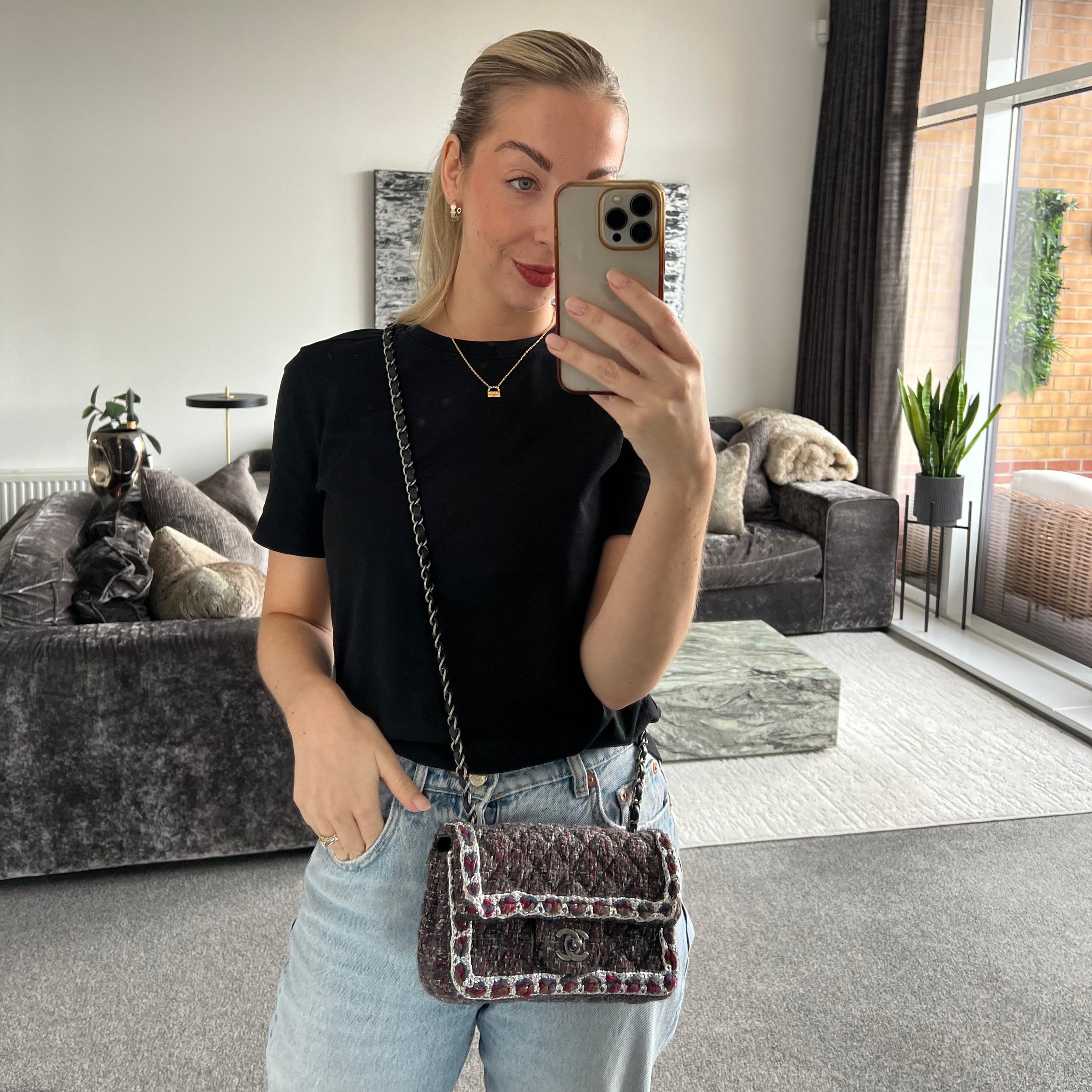 Chanel Mini Timeless Classic Rectangular Flap Bag in Grey/Silver Tweed shown on model