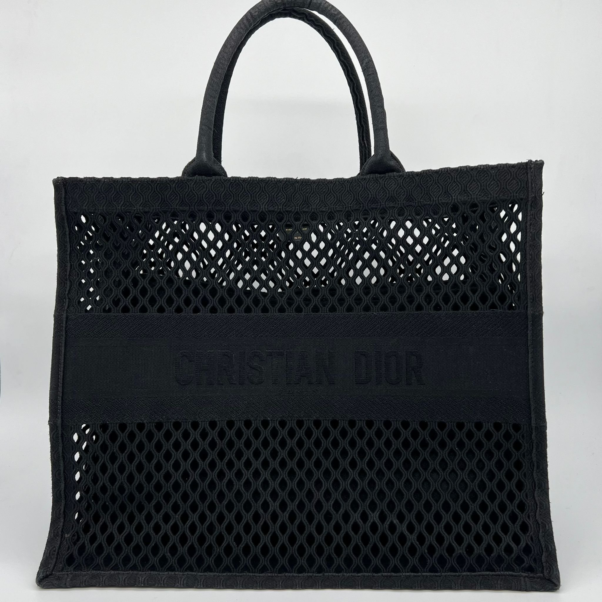 Christian Dior Book Tote Bag in Black Embroidered Mesh Canvas front