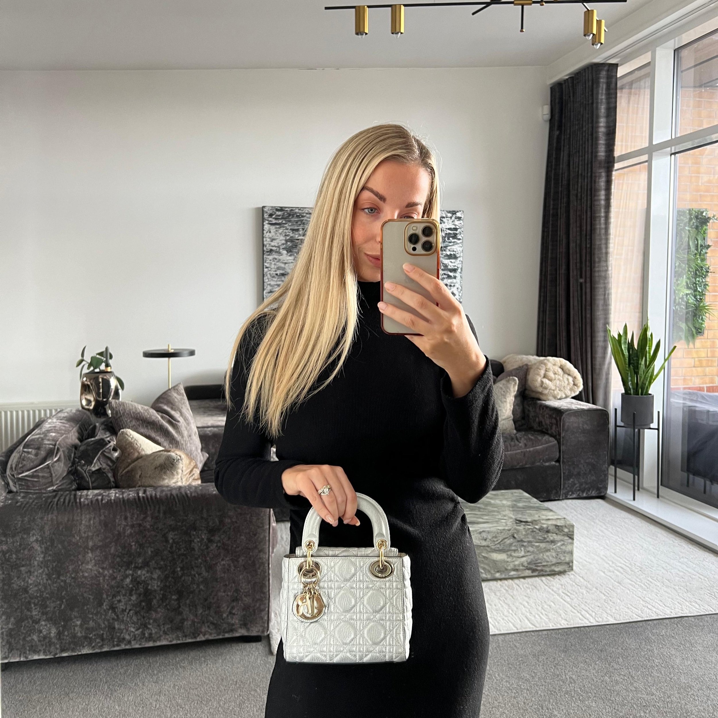 Lady Dior Mini Metallic Grained Cannage Silver with Gold Hardware shown on model