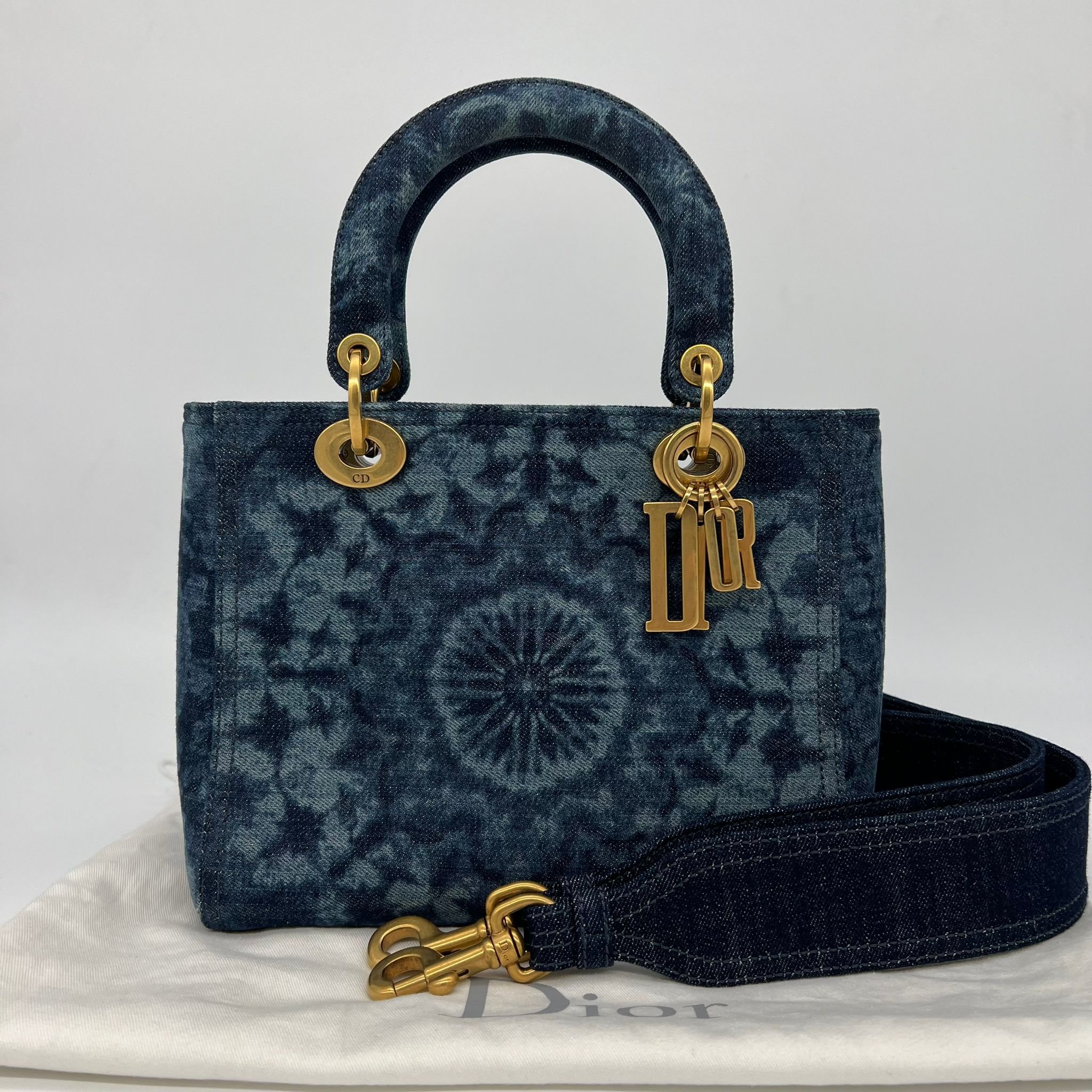 Lady Dior Medium Kaleidoscope Denim Bag with Aged Gold Hardware with packaging