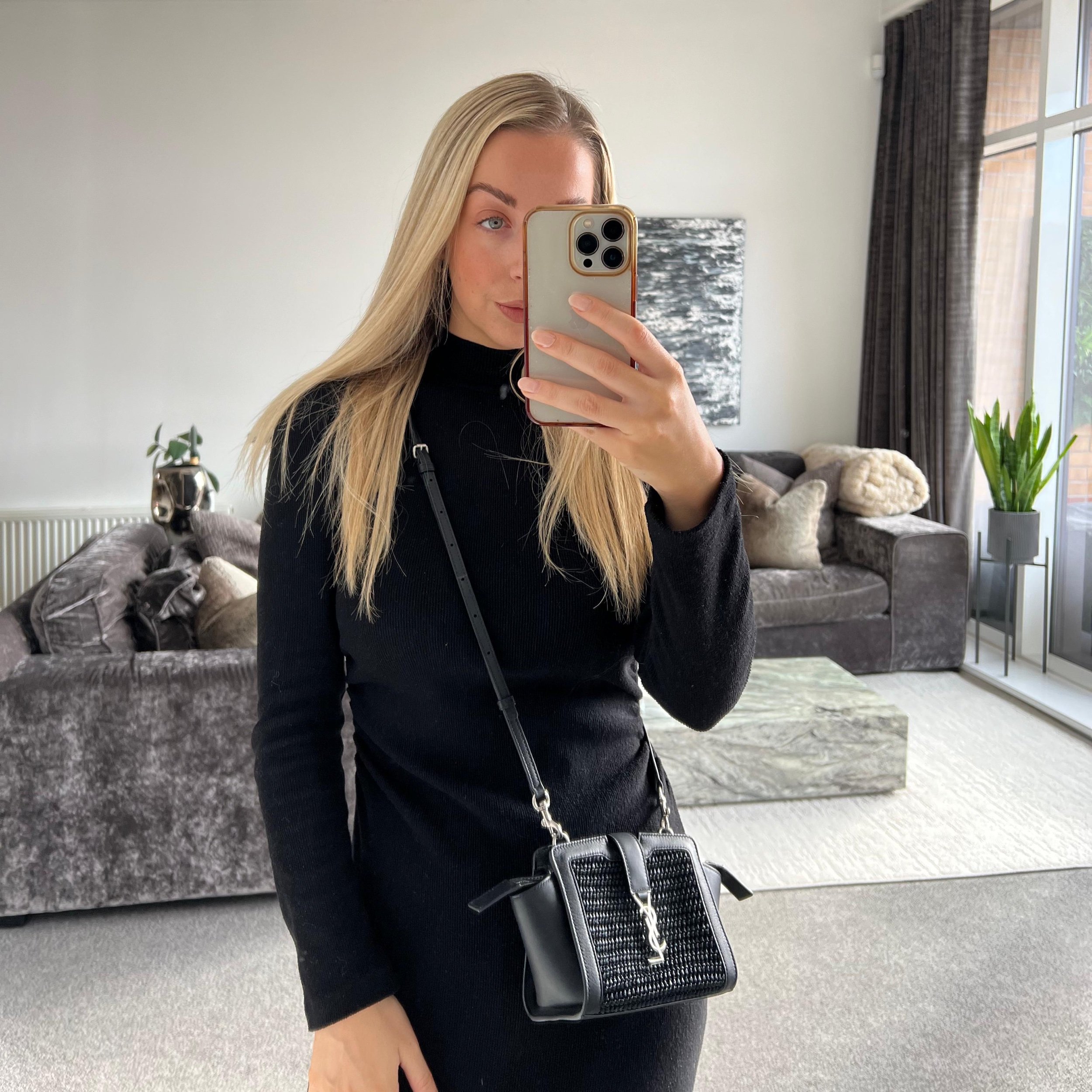 Saint Laurent YSL Toy Cabas Downtown Bag Black Raffia shown on model