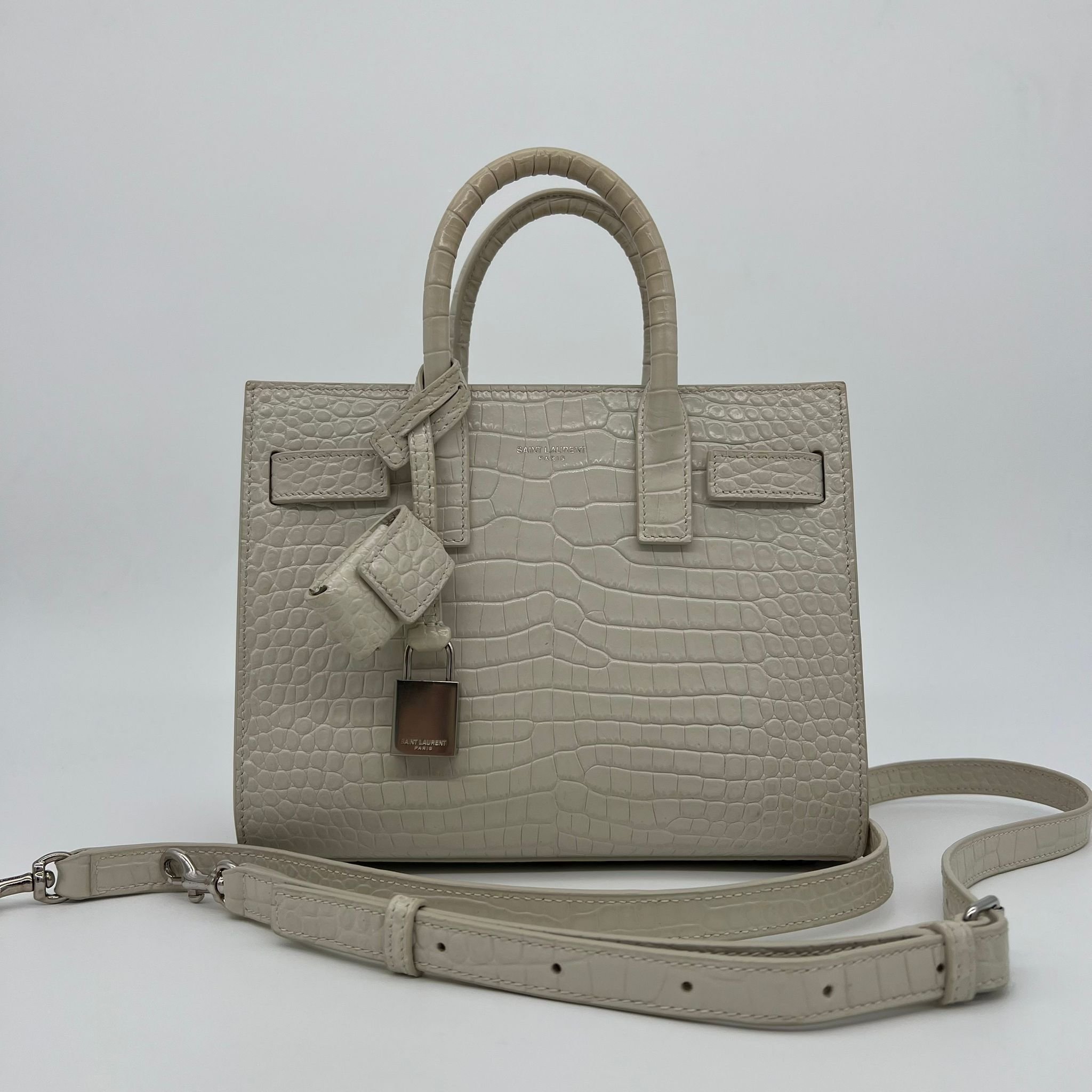 Saint Laurent YSL Nano Sac De Jour Bag White Embossed Croc Leather front
