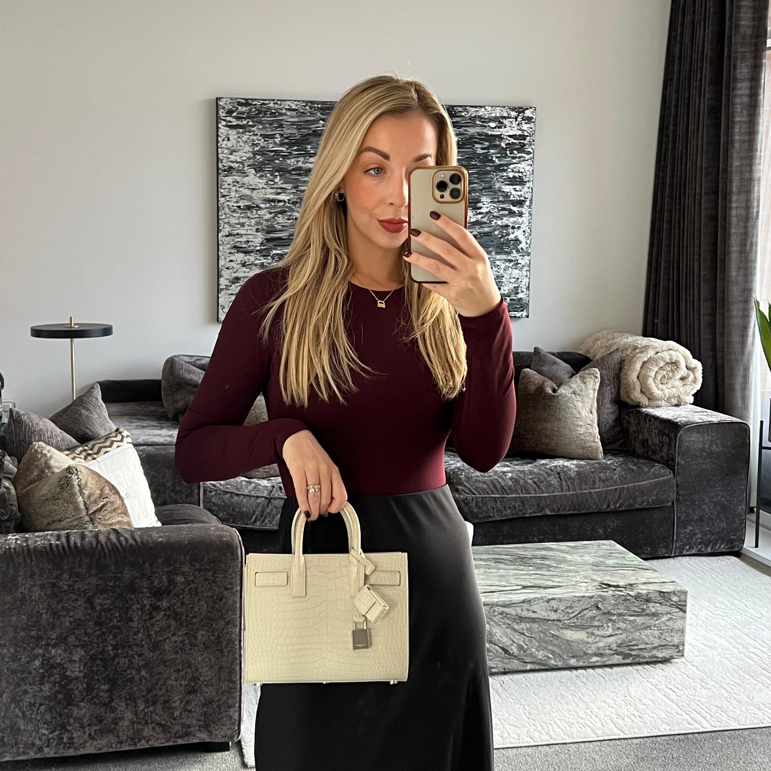 Saint Laurent YSL Nano Sac De Jour Bag White Embossed Croc Leather shown on model
