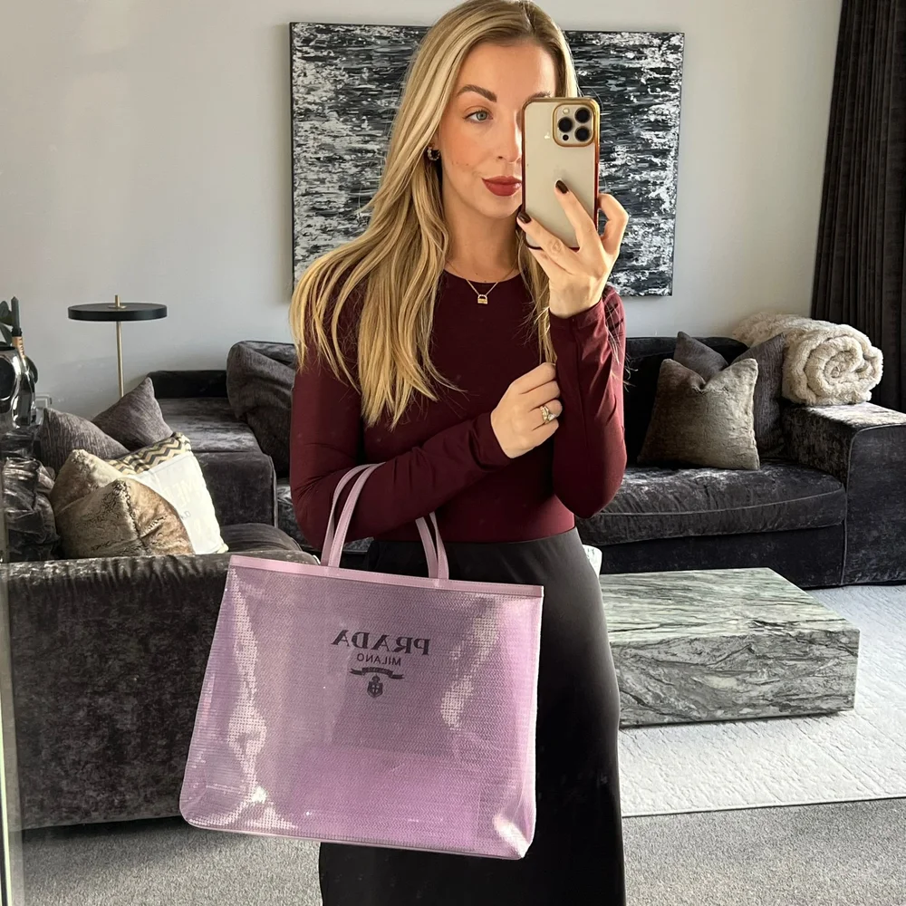 Prada Mesh Sequin Logo Large Tote Bag with Pouch in Lilac Purple