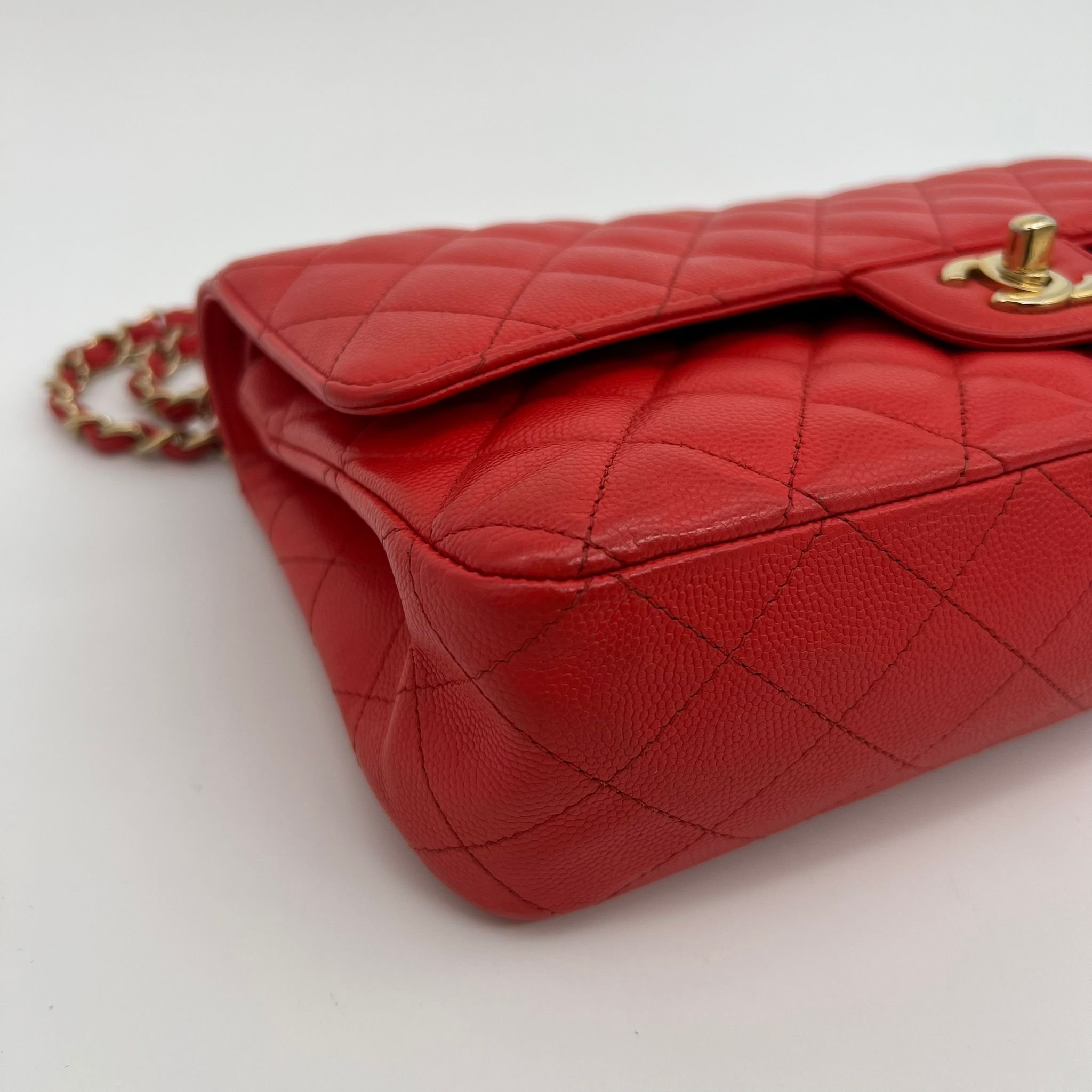 Chanel Medium Double Classic Flap Red Caviar Leather Gold Hardware corner