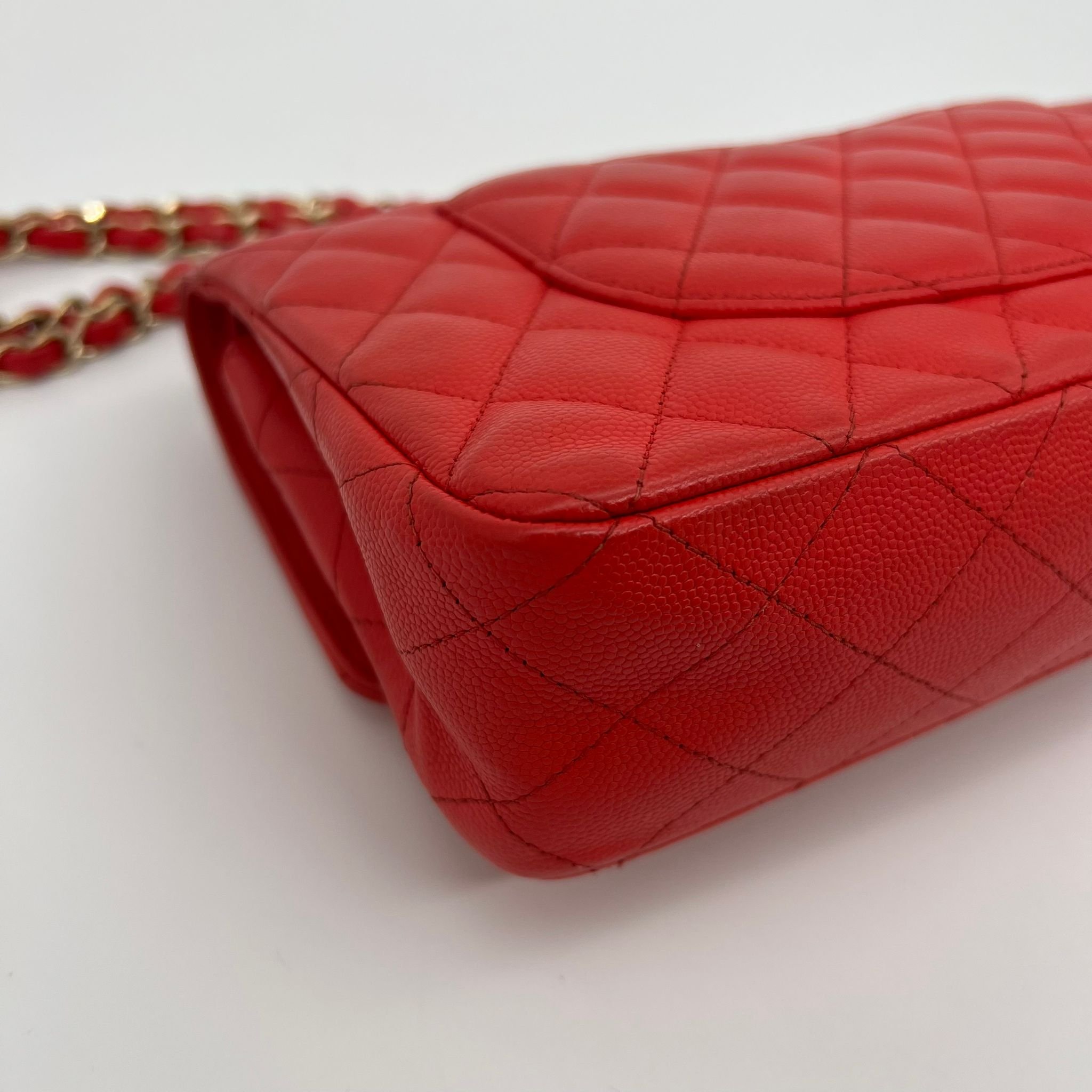Chanel Medium Double Classic Flap Red Caviar Leather Gold Hardware corner