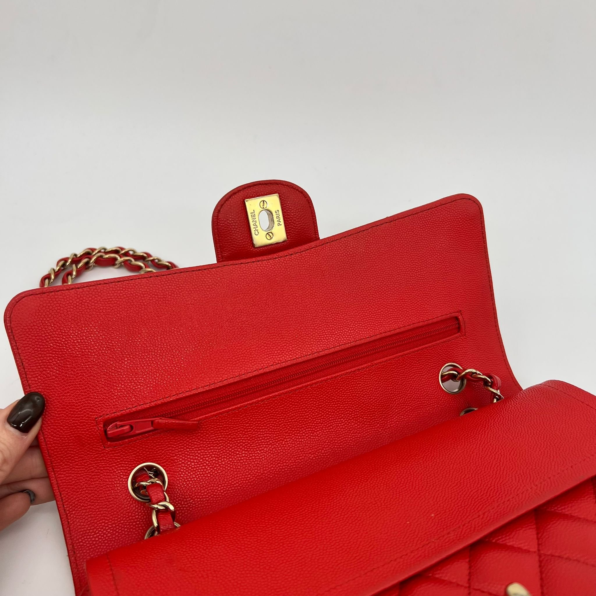 Chanel Medium Double Classic Flap Red Caviar Leather Gold Hardware