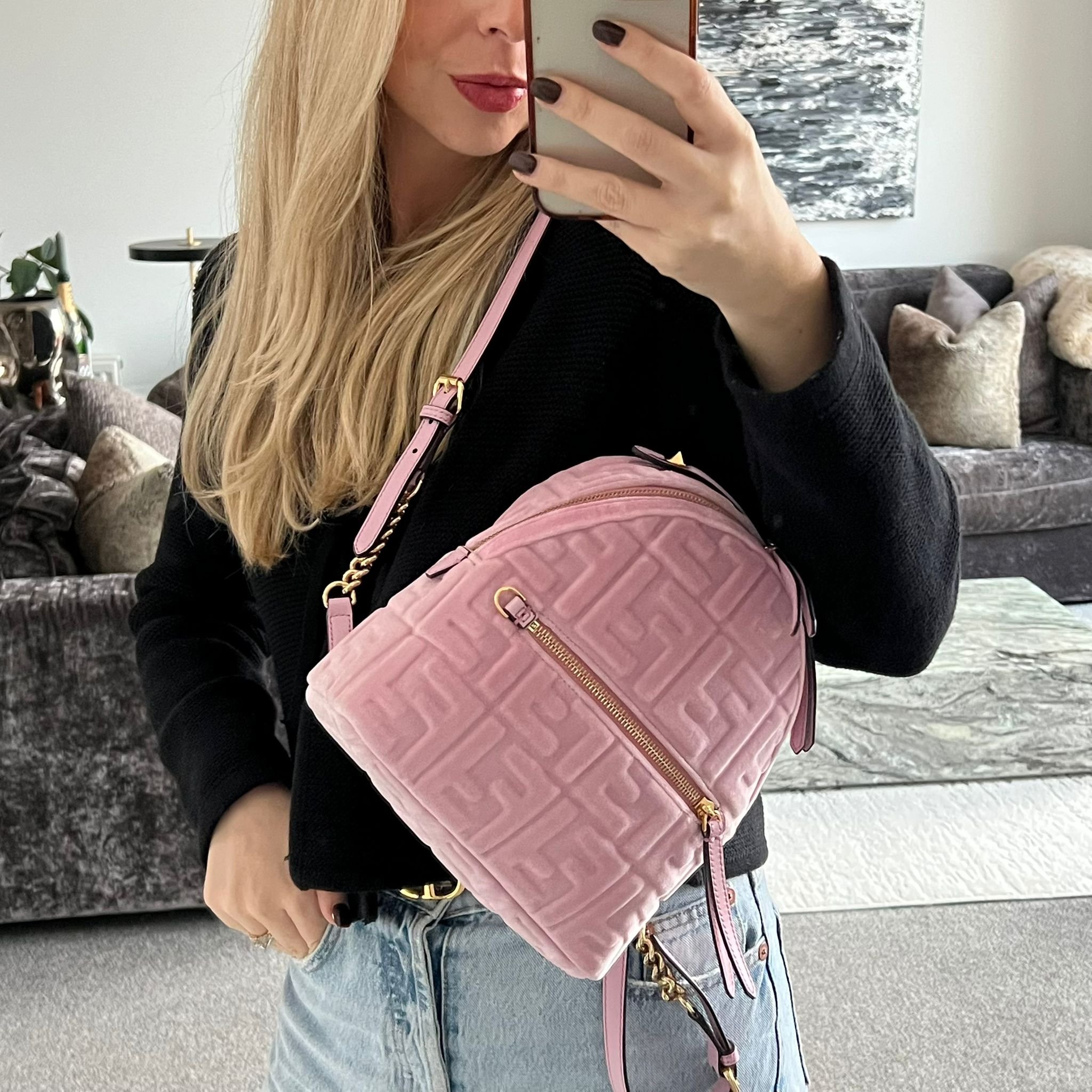 Fendi Pink FF Monogram Embossed Velvet Mini Backpack Bag shown on model