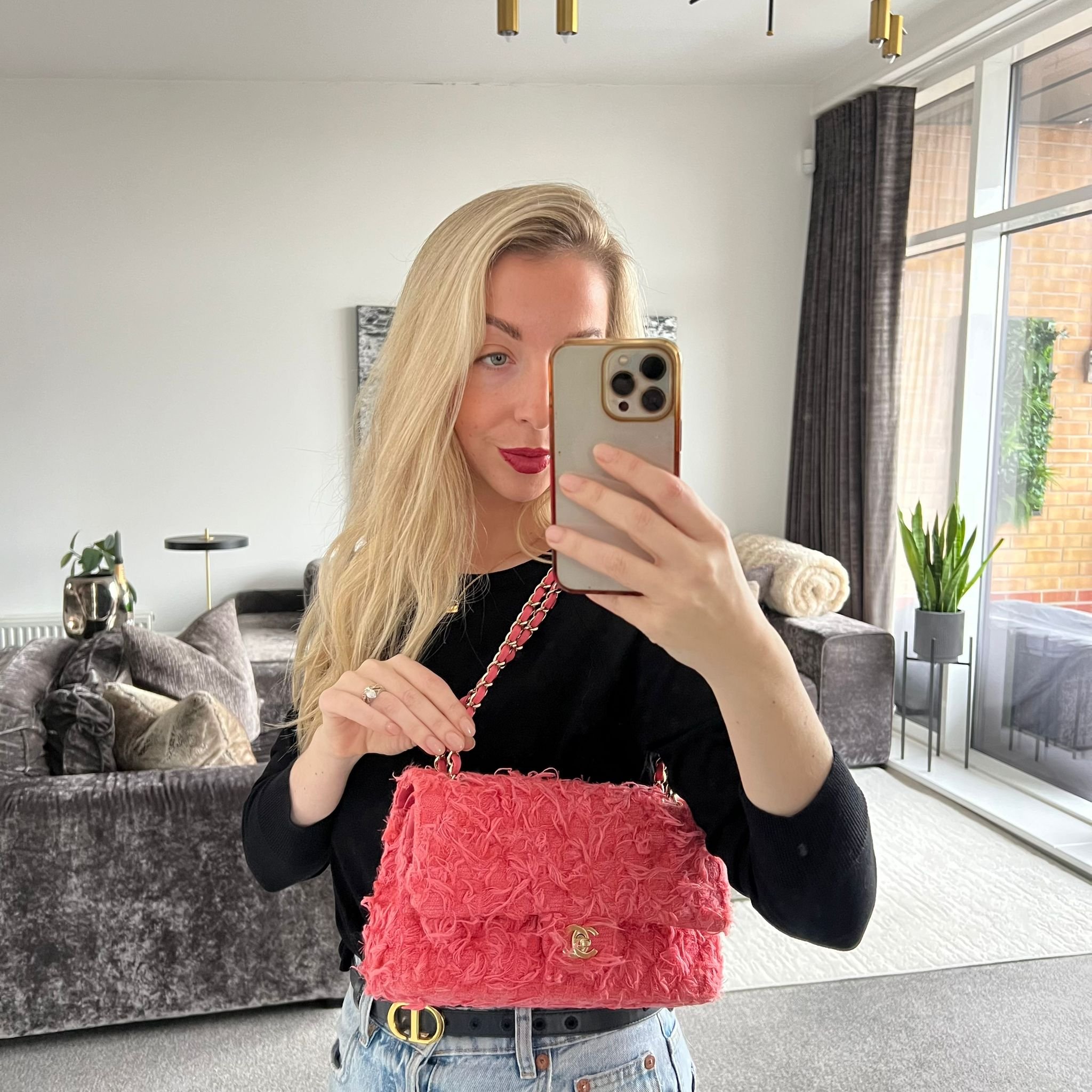 Chanel Timeless Classic Medium Double Flap Bag Coral Pink Tweed 2020 shown on model