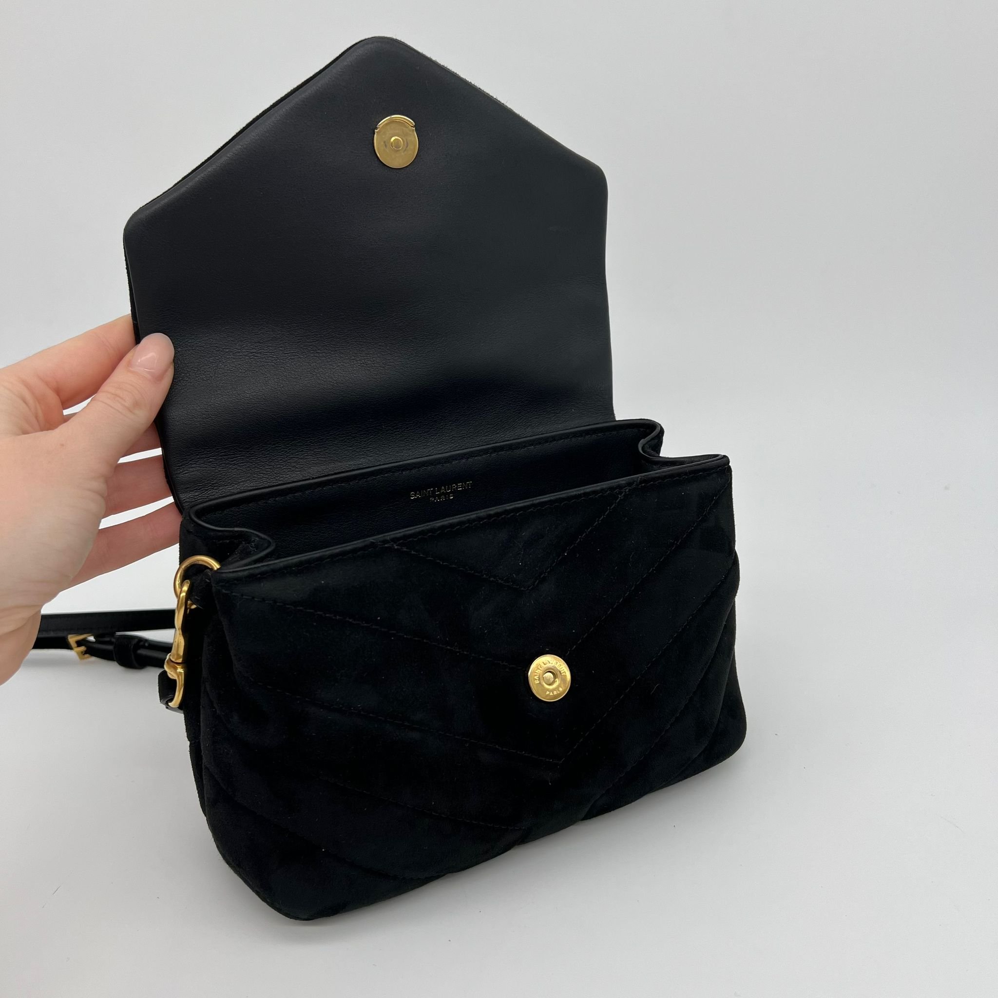 Saint Laurent YSL Toy Loulou Bag in Black Quilted Suede and Gold Hardware interior