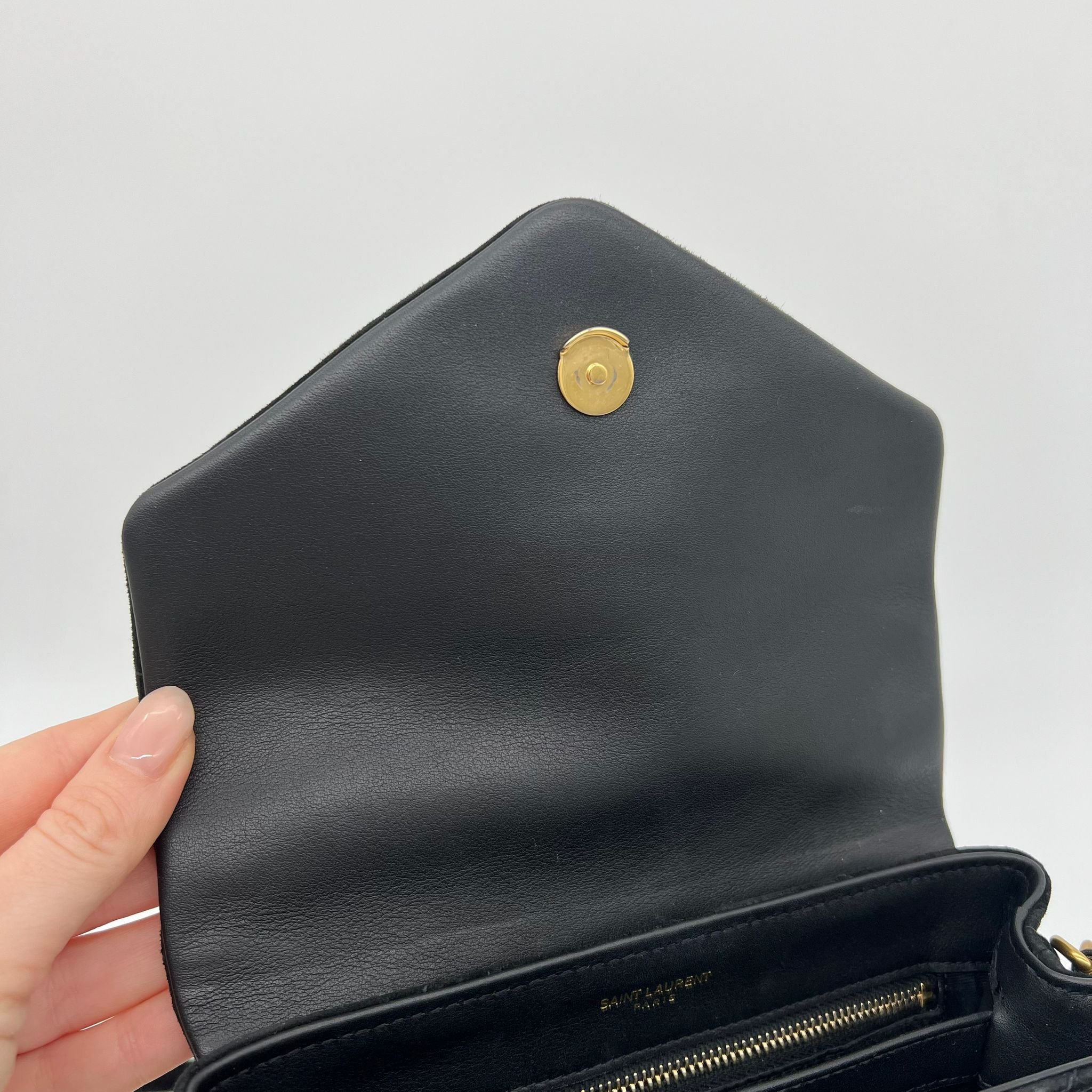 Saint Laurent YSL Toy Loulou Bag in Black Quilted Suede and Gold Hardware interior flap