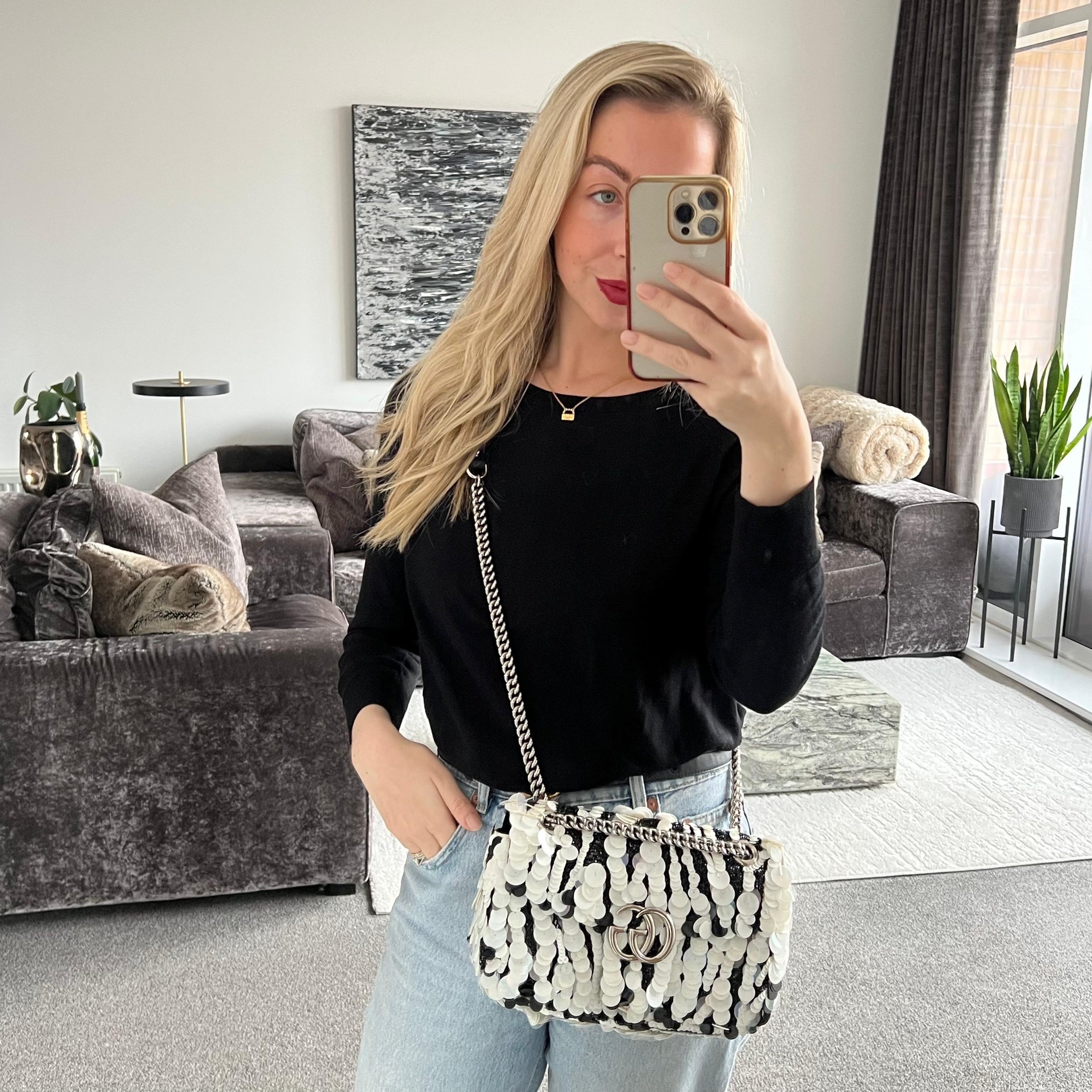 Gucci GG Marmont 2.0 Flap Bag Zebra Sequin Embellished Satin shown on model